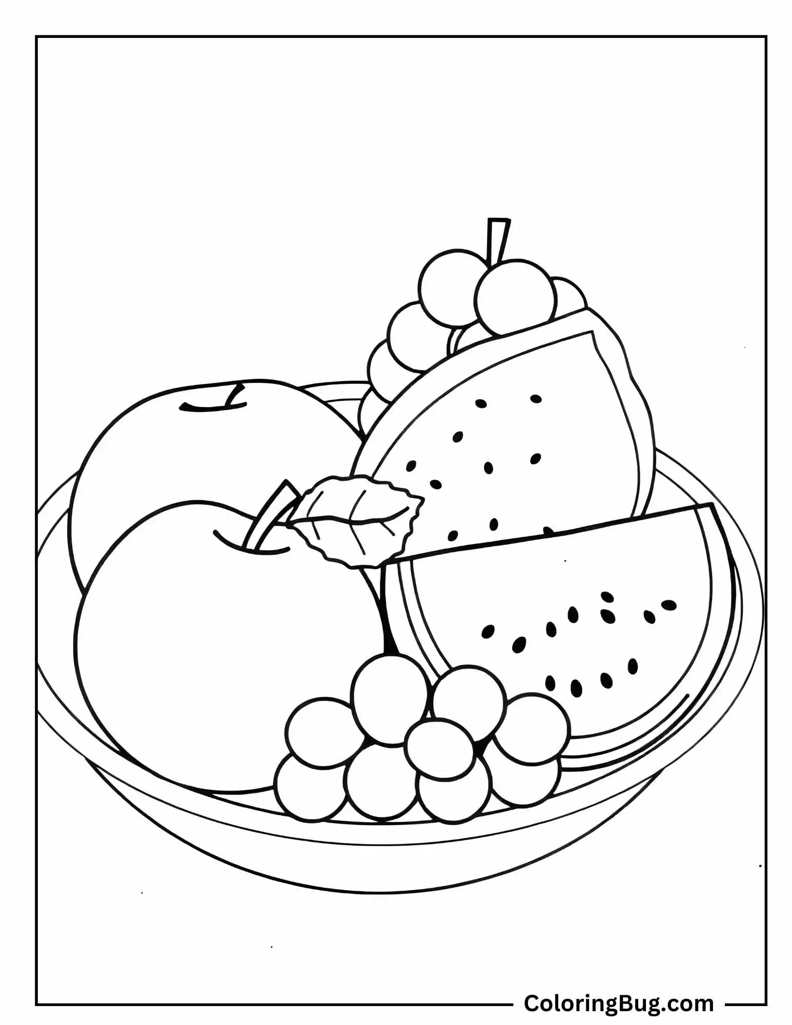 Orange, Apple, Watermelon And Grapes In Bowl Coloring Sheet