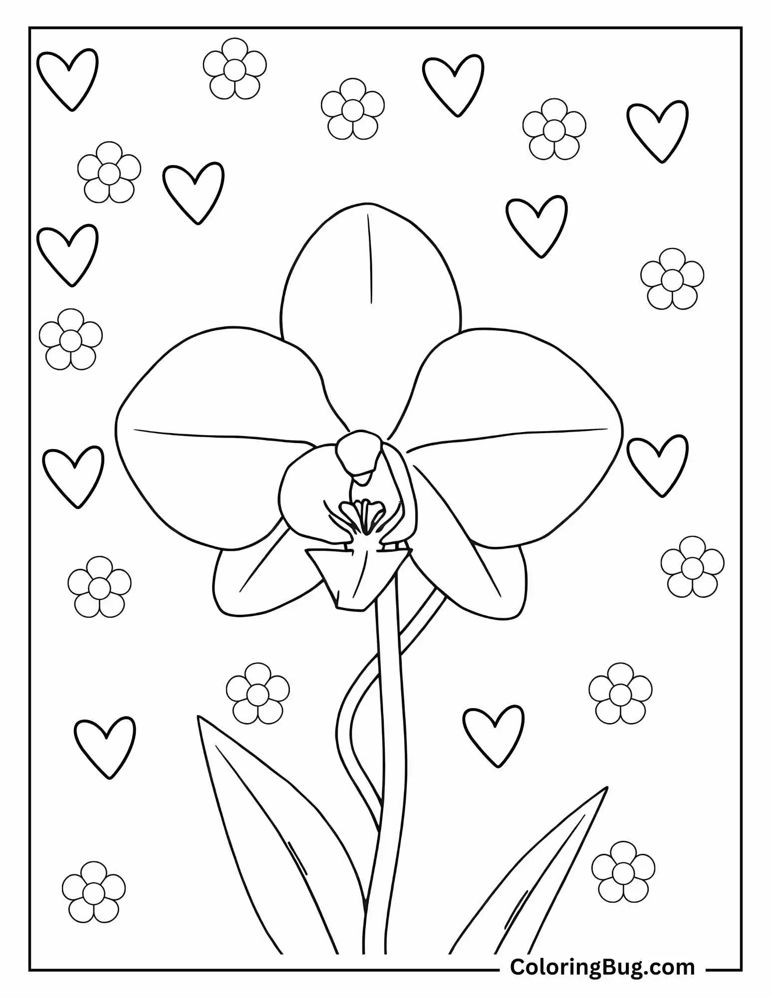 Orchid With Hearts And Flowers Coloring Sheet