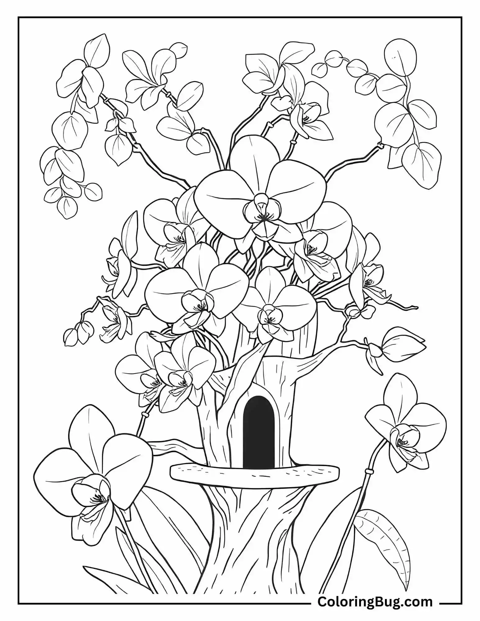 Orchids Growing on Mini Tree House Coloring Sheet