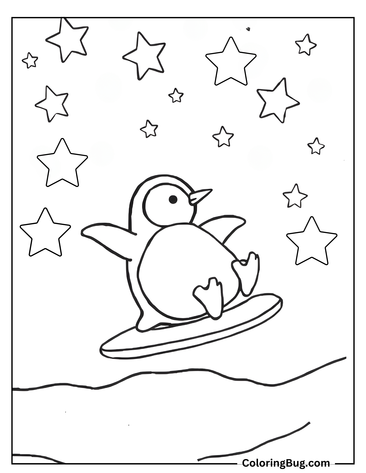 Penguin Sliding On Ice Beneath Stars Coloring Sheet