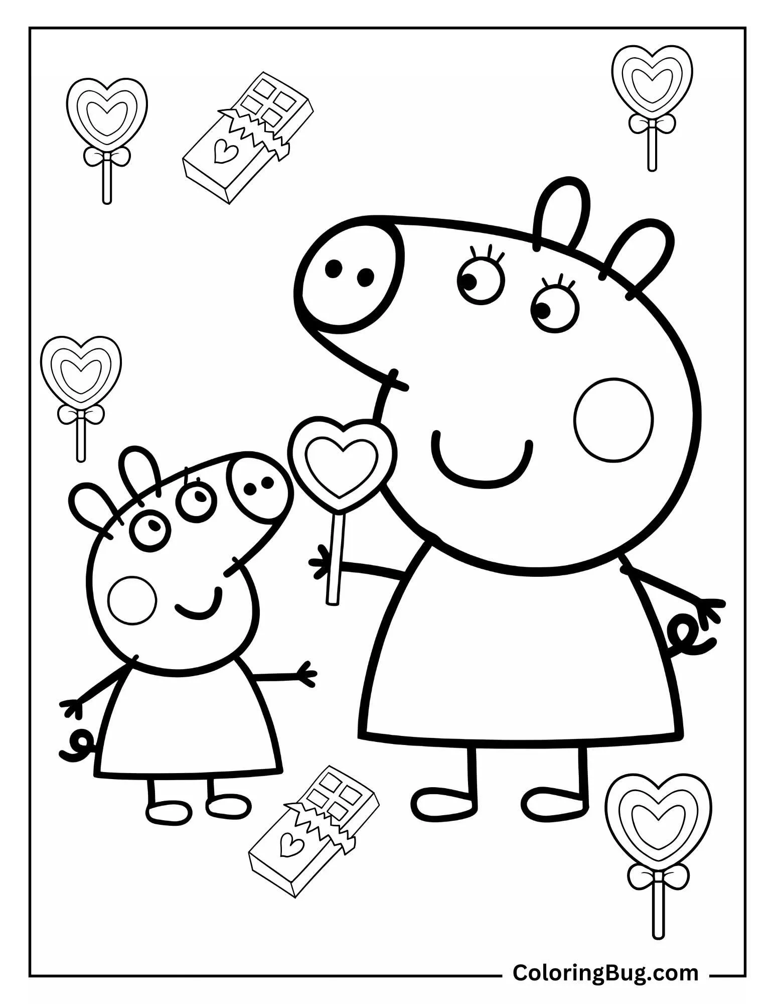 Peppa Pig And George With Valentuine's Day Choclates and Lollypop Coloring sheet