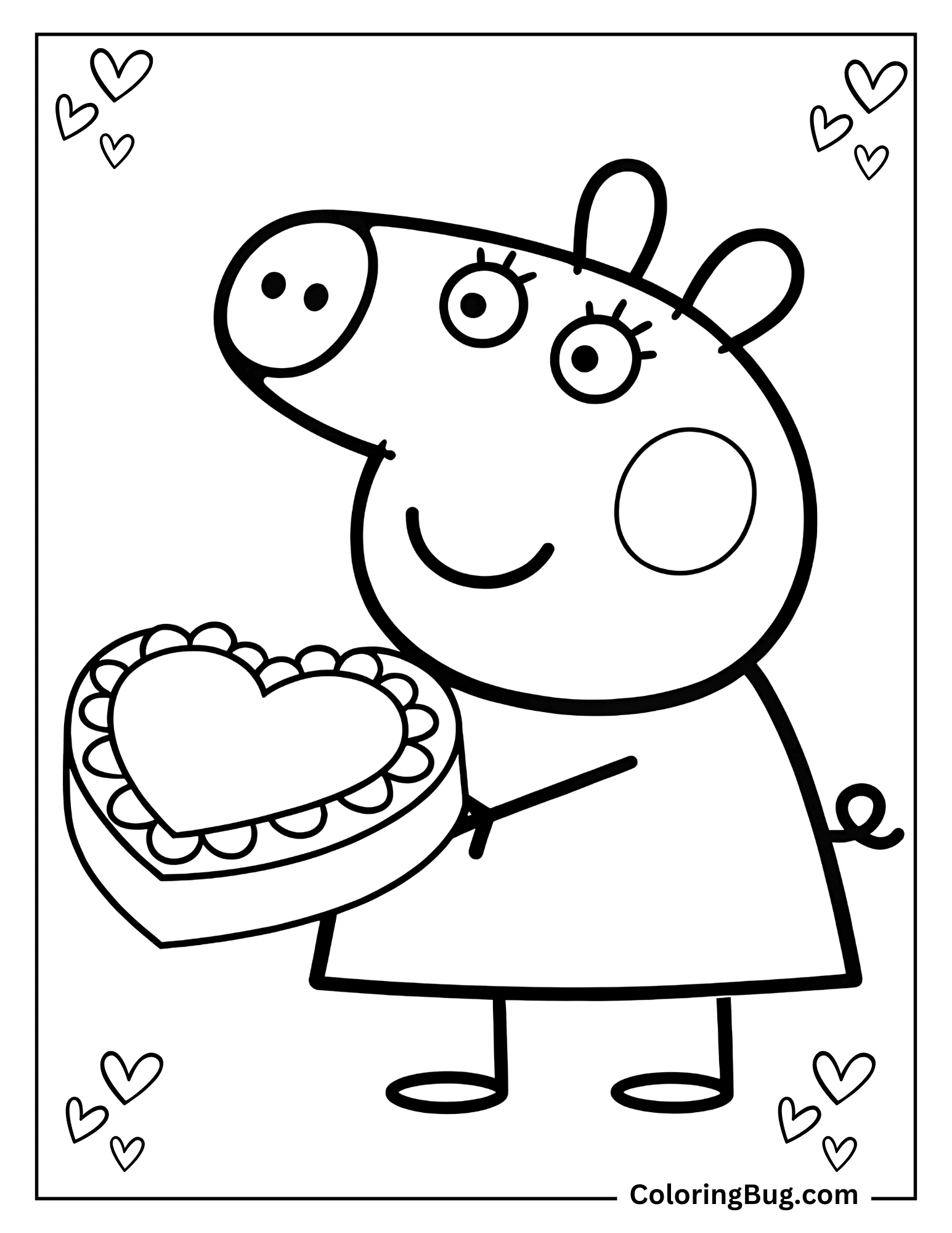 Peppa Pig Holding Valentine's Day Cake Coloring Sheet