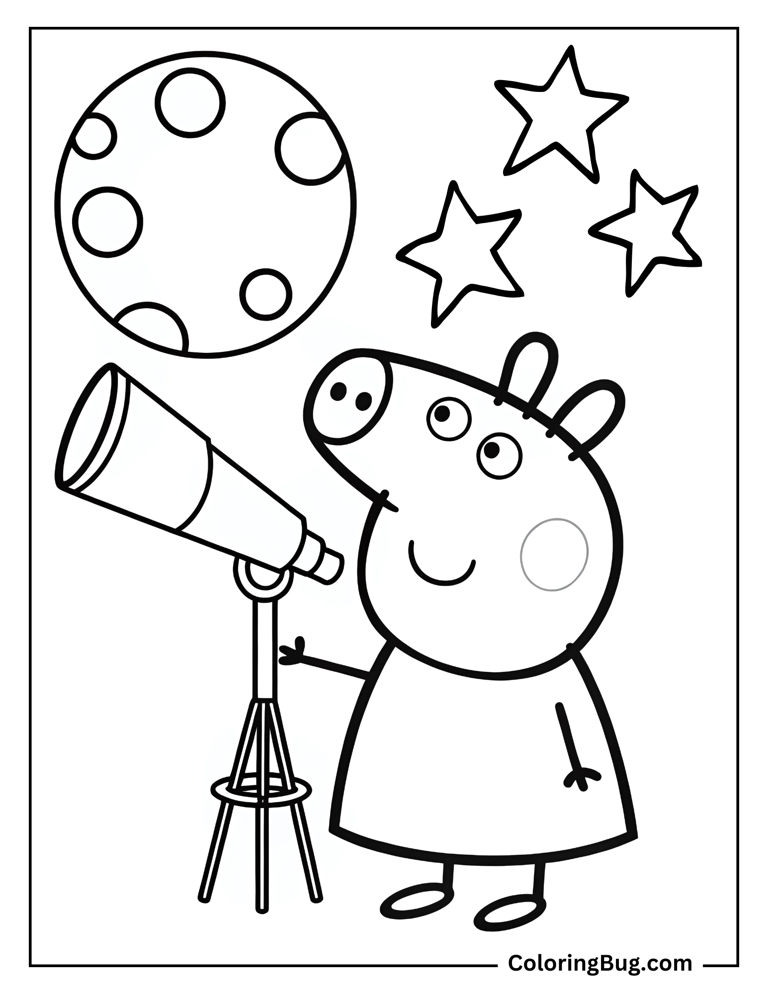 Peppa Pig Looking at Moon with Telescope Coloring Page