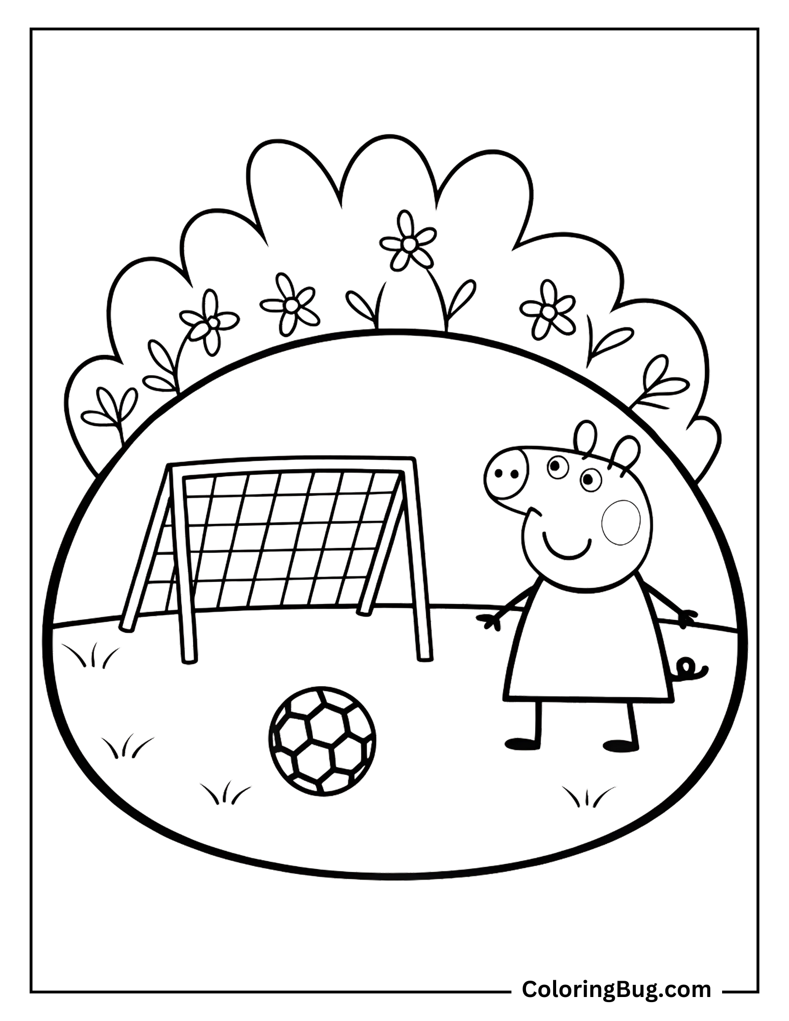 Peppa Pig Playing Soccer in Garden Coloring Page