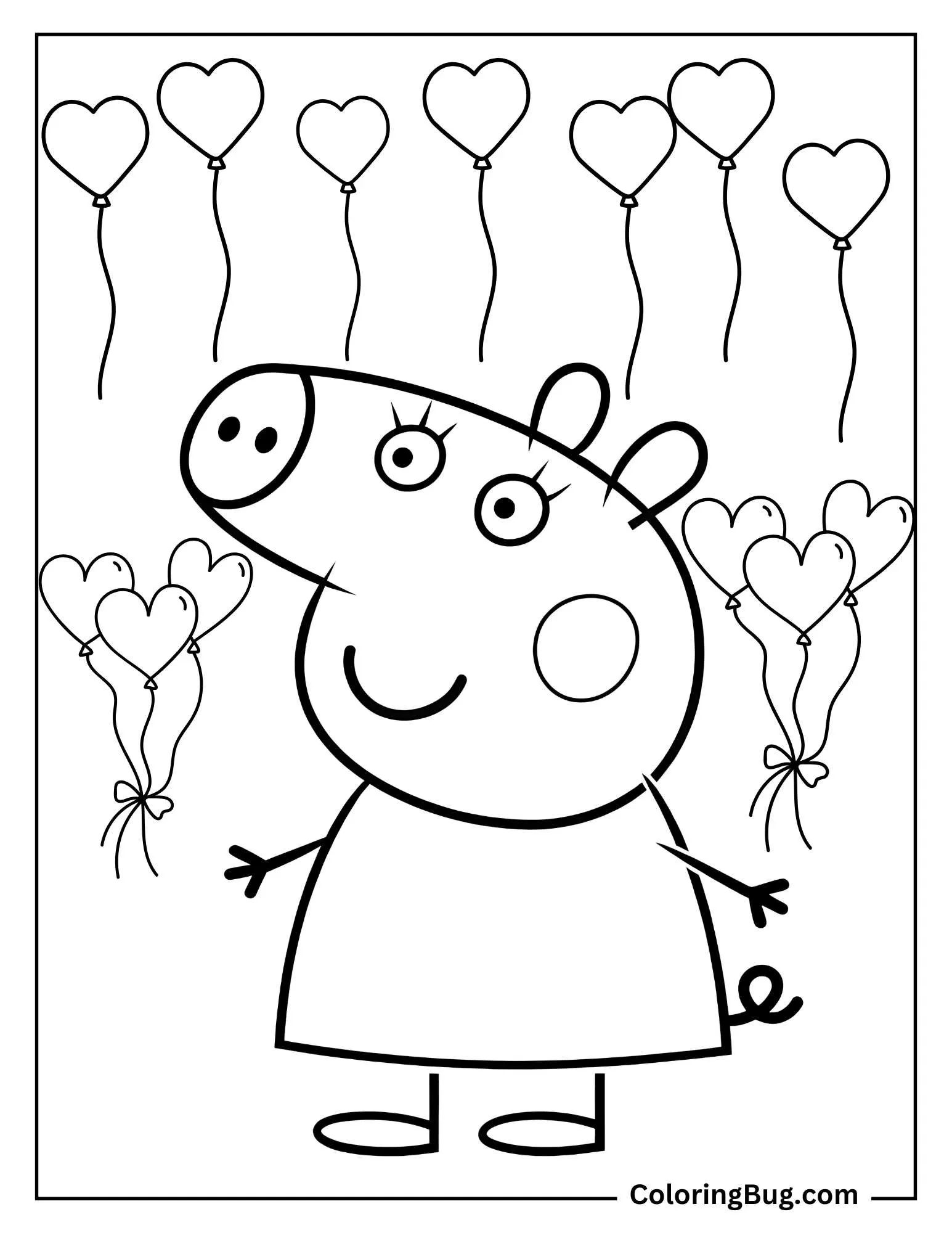 Peppa Pig Surrounded By Heart Balloons Coloring sheet