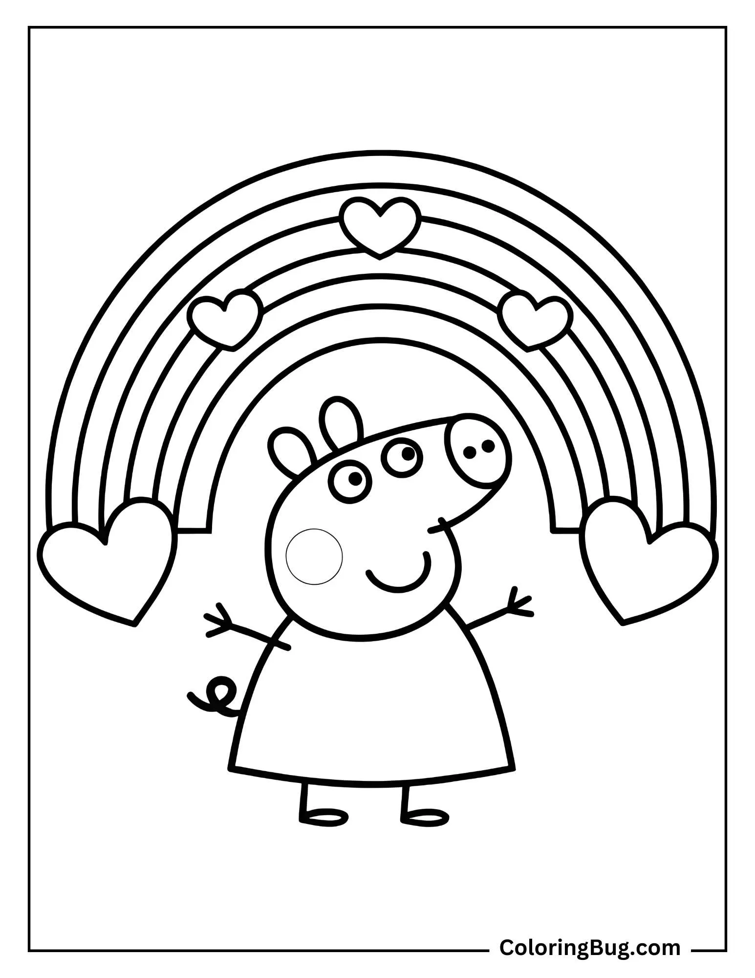 Peppa Pig With Rainbow And Hearts Coloring sheet