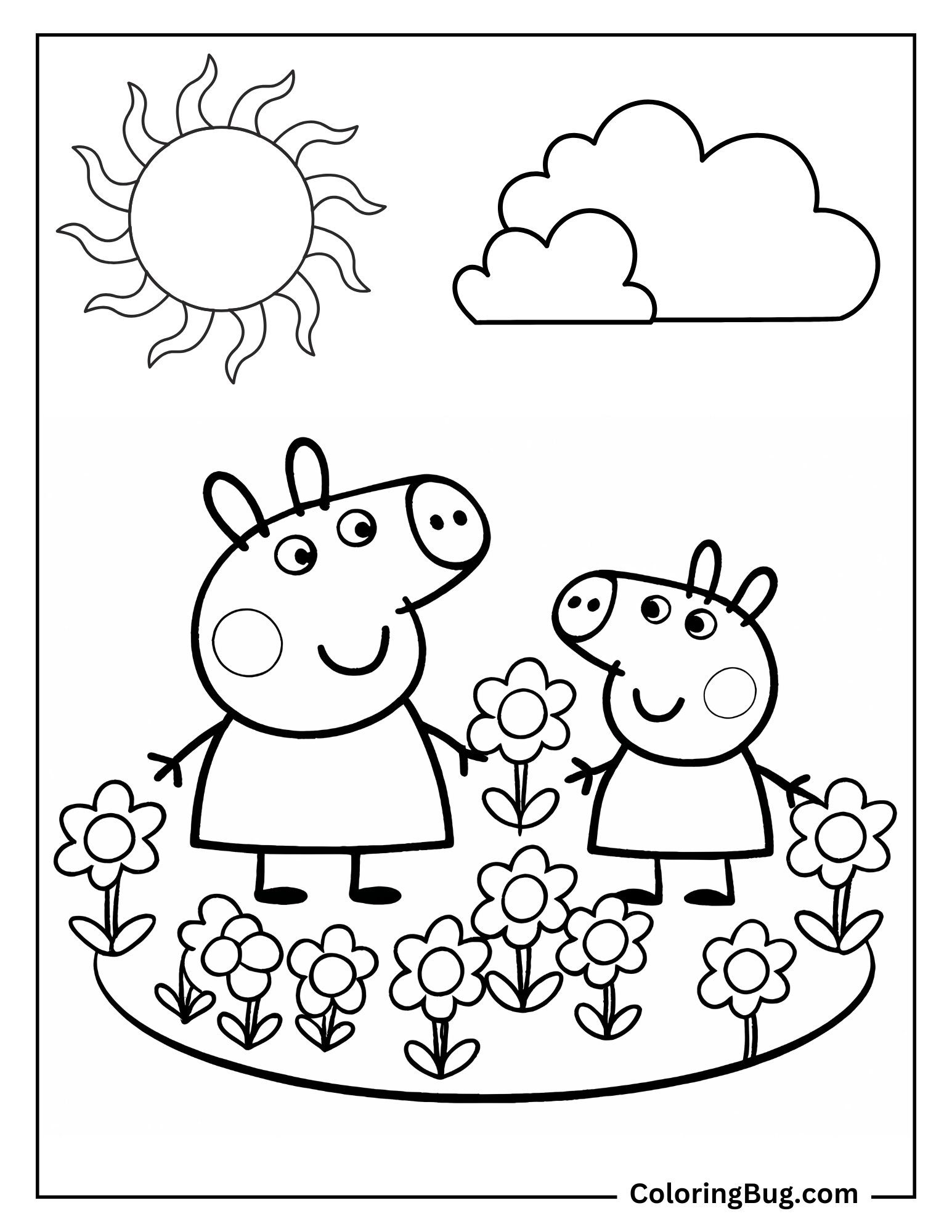 Peppa Pig and George in Flower Garden Coloring Page