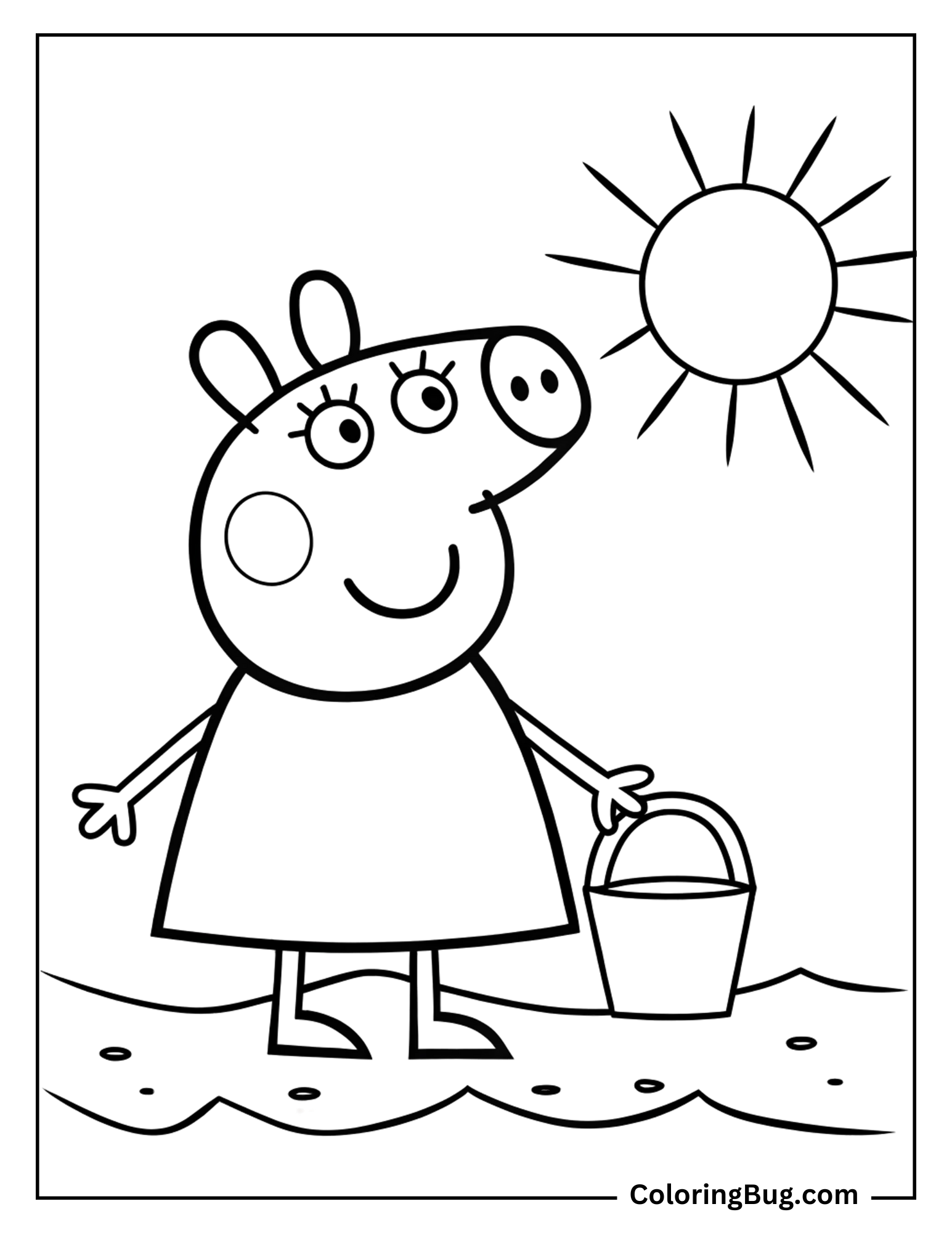 Peppa Pig at the Beach on Sunny Day Coloring Page