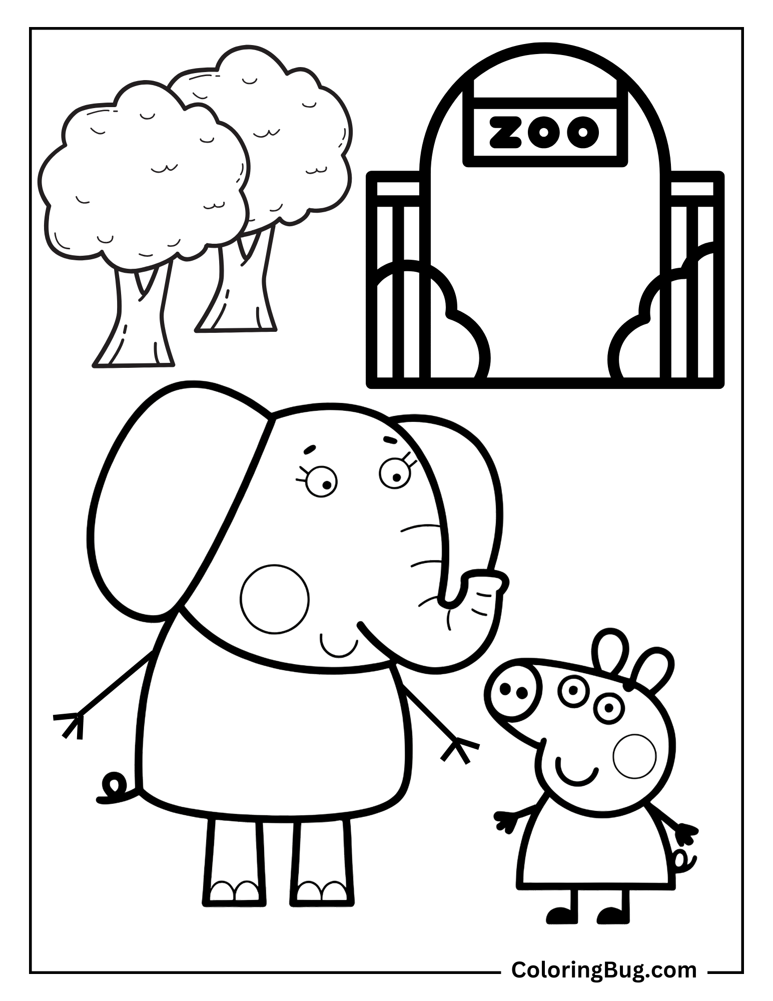 Peppa Pig with Elephant at the Zoo Coloring Page