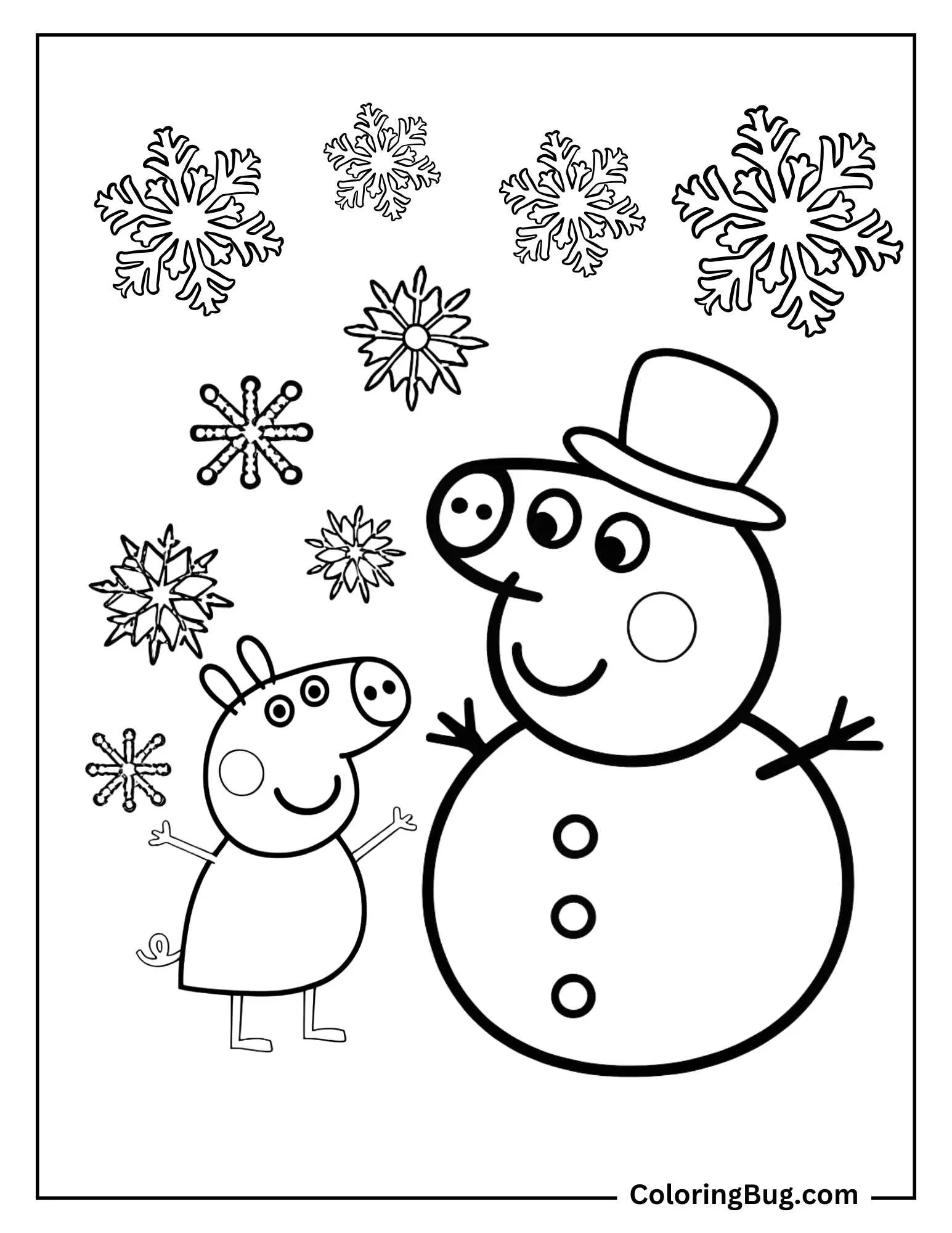 Peppa Pig with Snowman and Snowflakes Coloring Page