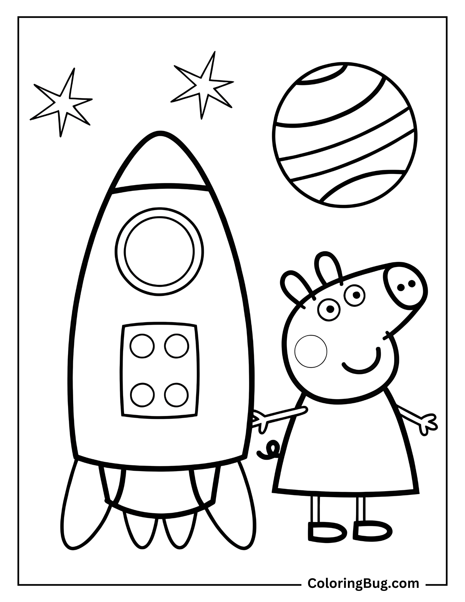 Peppa Pig with Space Rocket, Stars and Planet Coloring Page