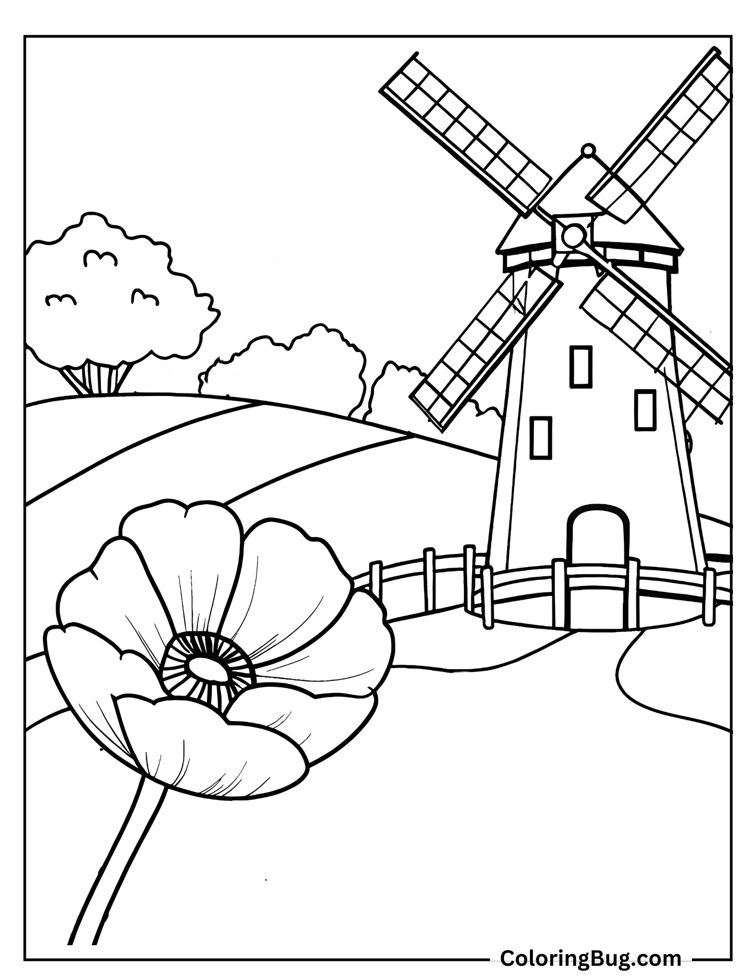 Poppy Next To Windmill In The Countryside Coloring Sheet