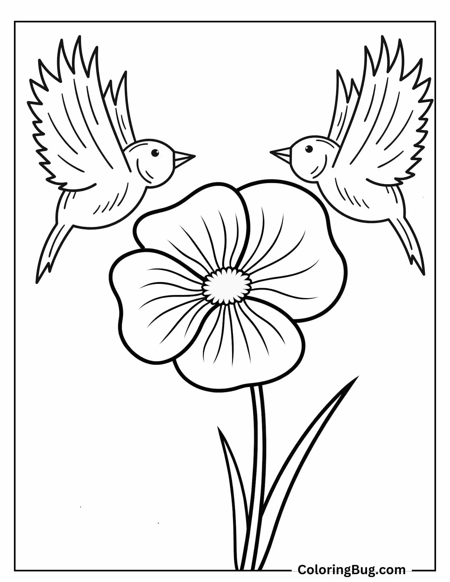 Poppy With Birds Flying Overhead Coloring Sheet