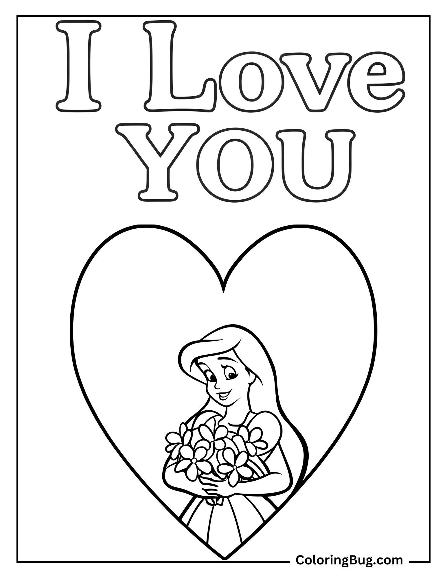 Princess Ariel With I Love You Coloring Sheet
