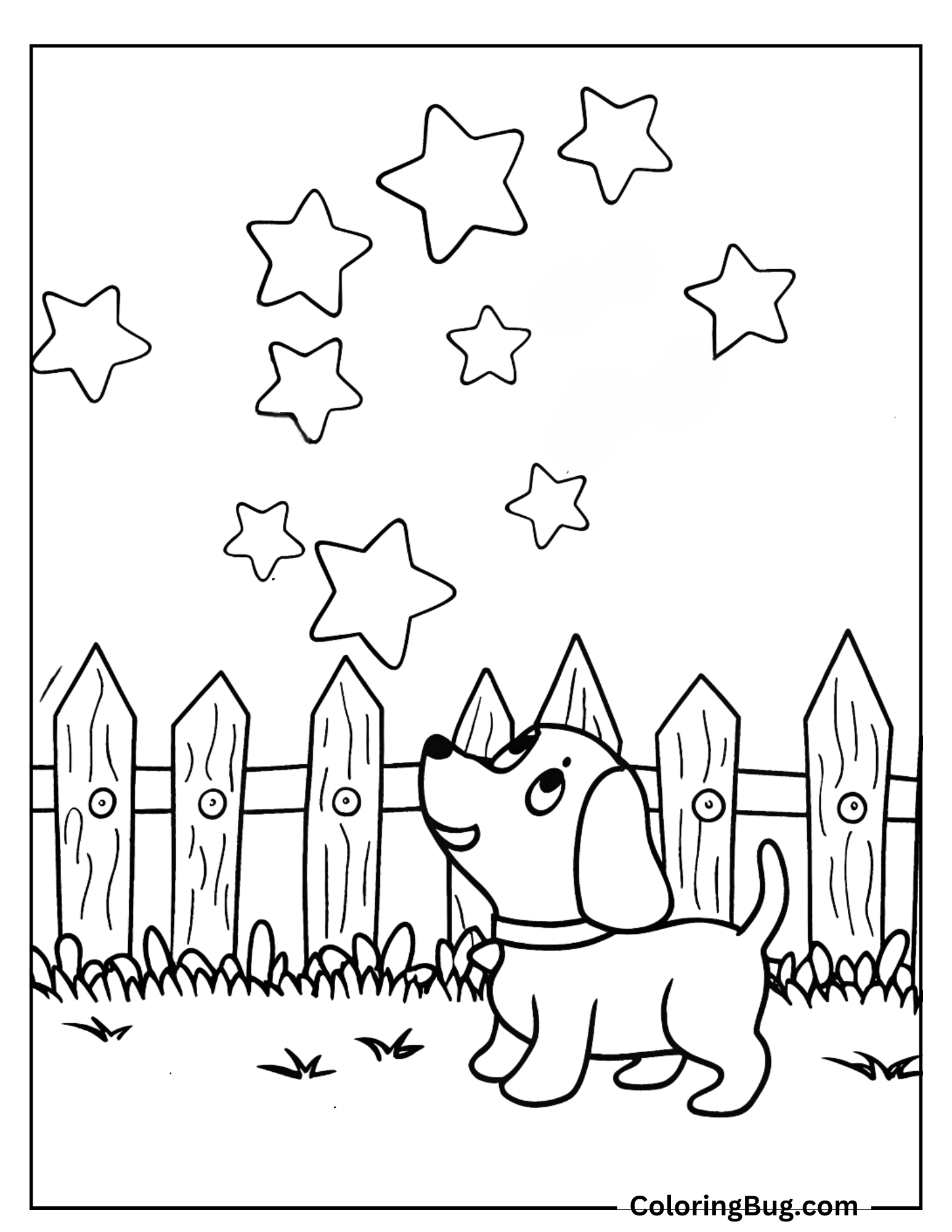 Puppy Chasing Stars In The Backyard Coloring Sheet