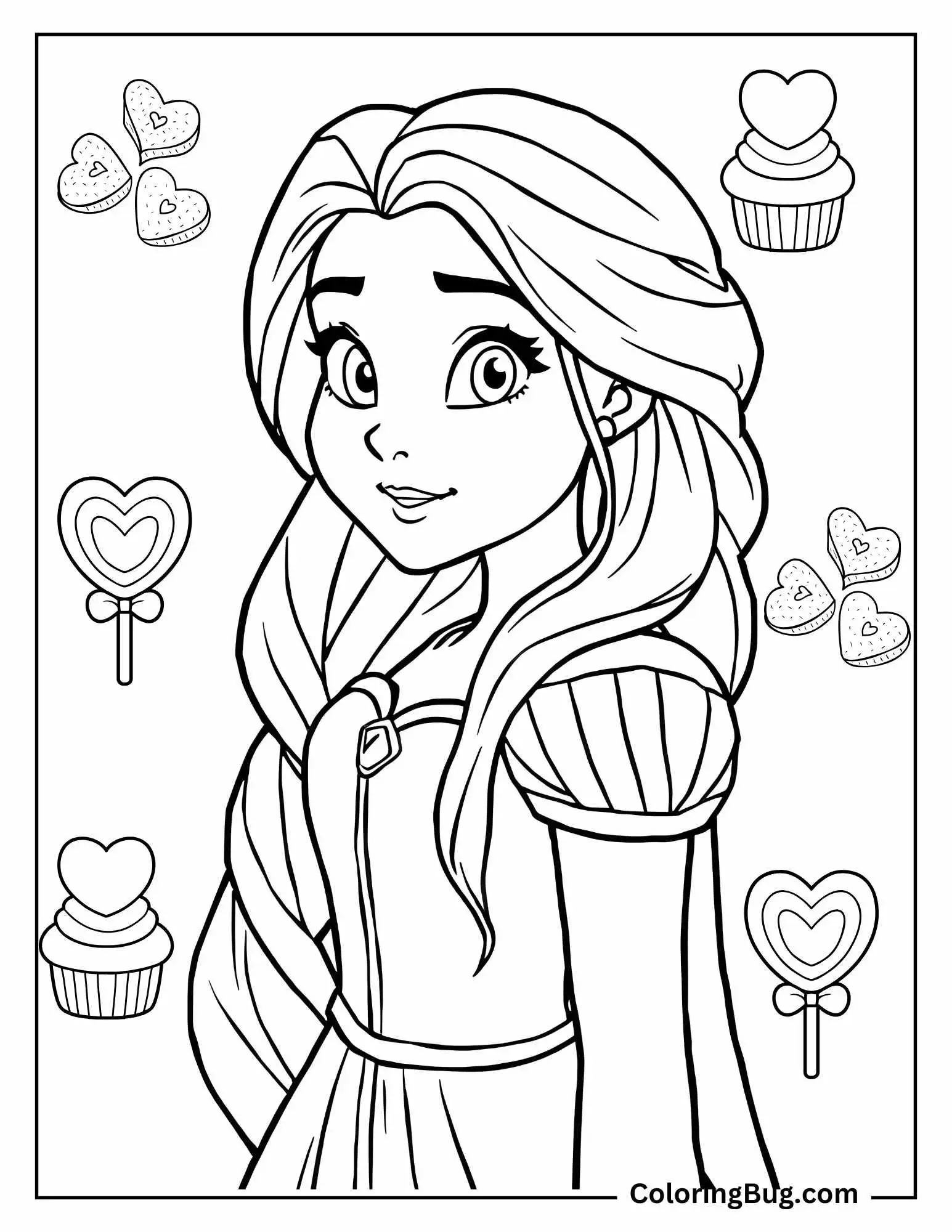 Rapunzel With Valentine's Day Day Candies , Cupcakes And Lollypop Coloring Sheet
