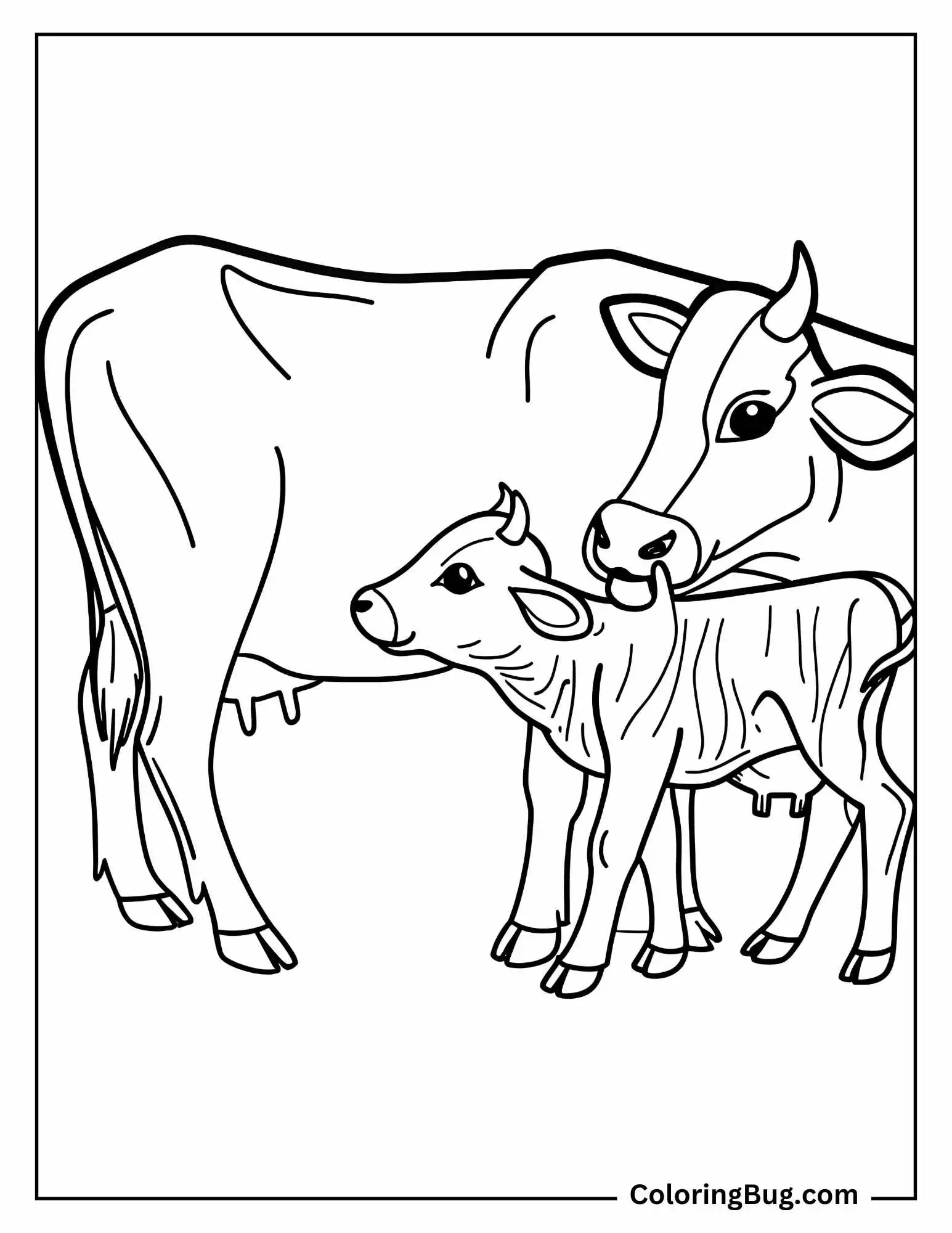 Realistic Baby Cow With its Mother Coloring Sheet
