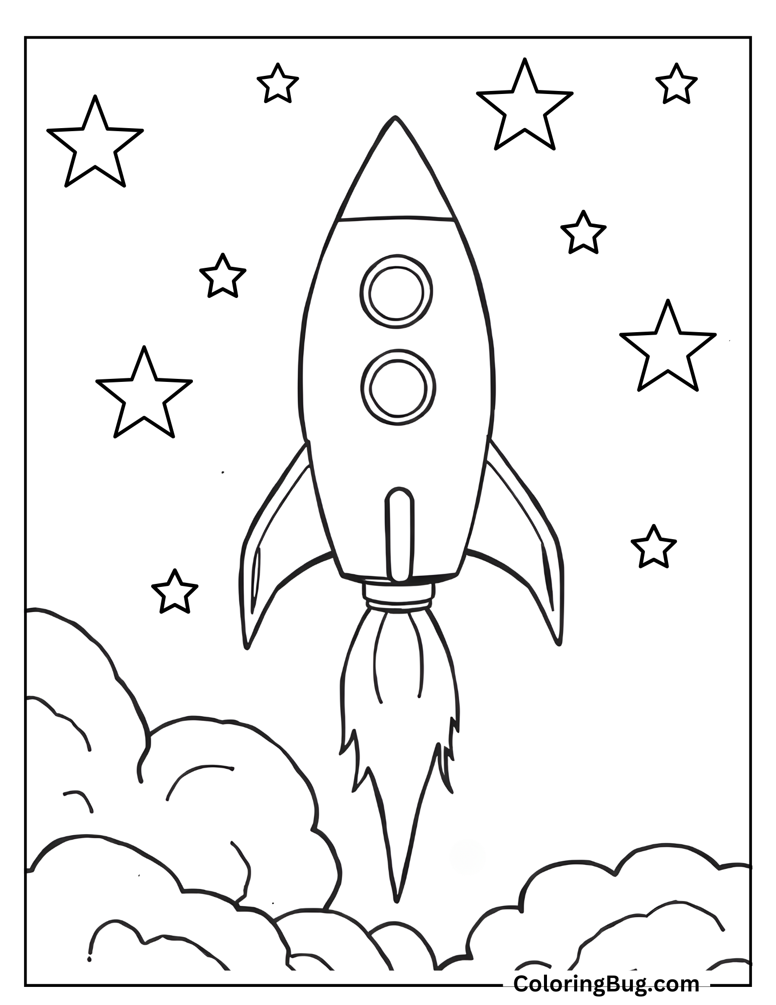 Rocket Ship Flying Towards Stars Coloring Sheet
