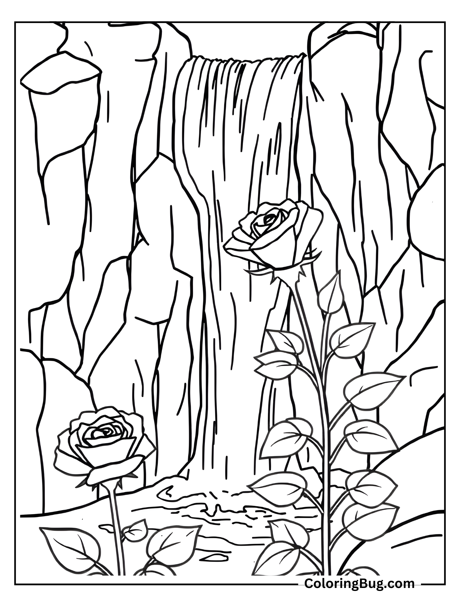 Rose Growing At The Edge Of Waterfall Coloring Sheet