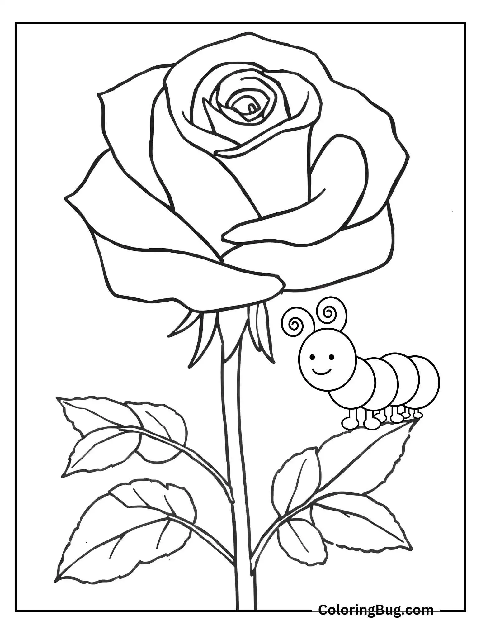 Rose With Cute Caterpillar Crawling On Leaf Coloring Sheet