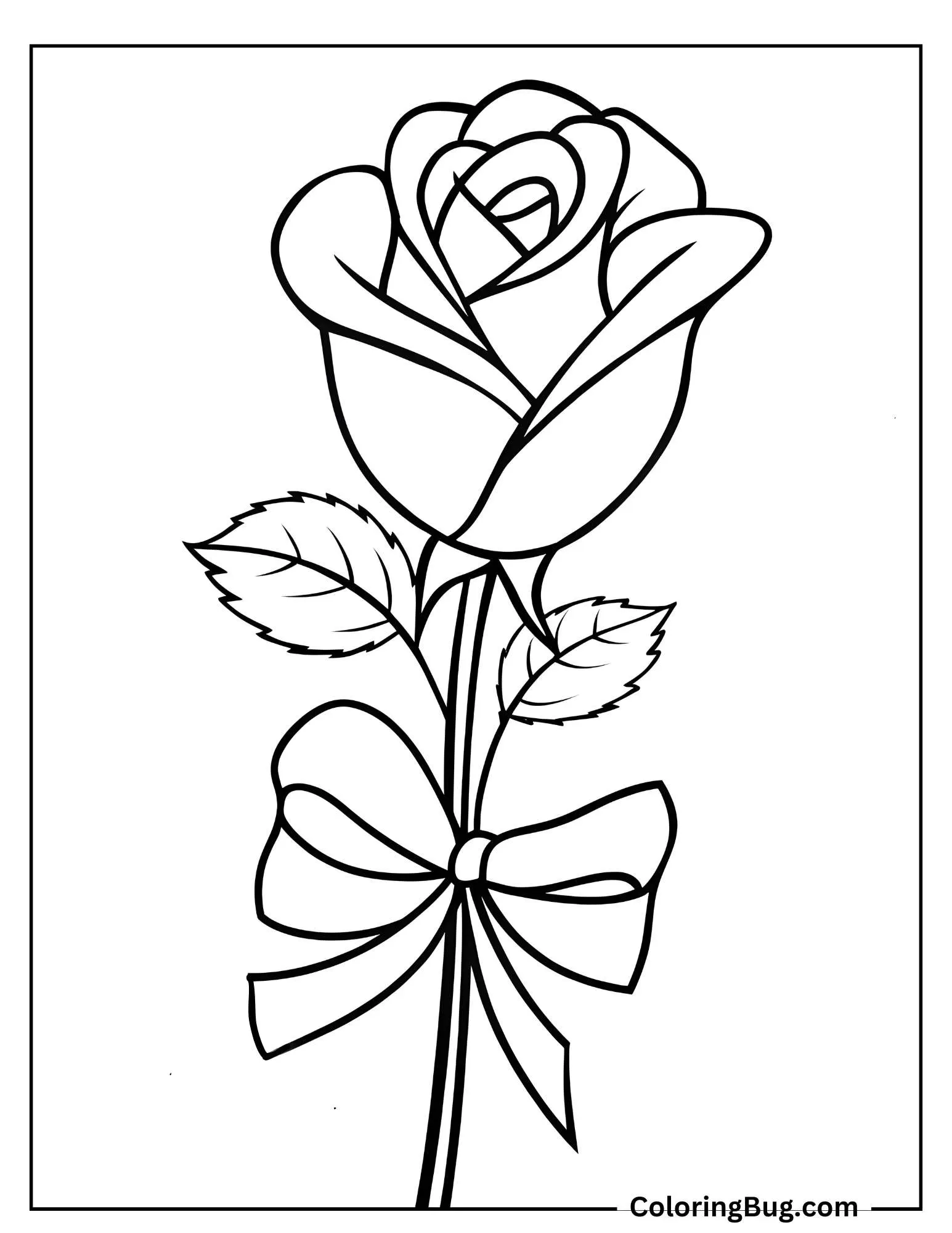 Rose With Ribbon Tied Around Its Stem Coloring Sheet