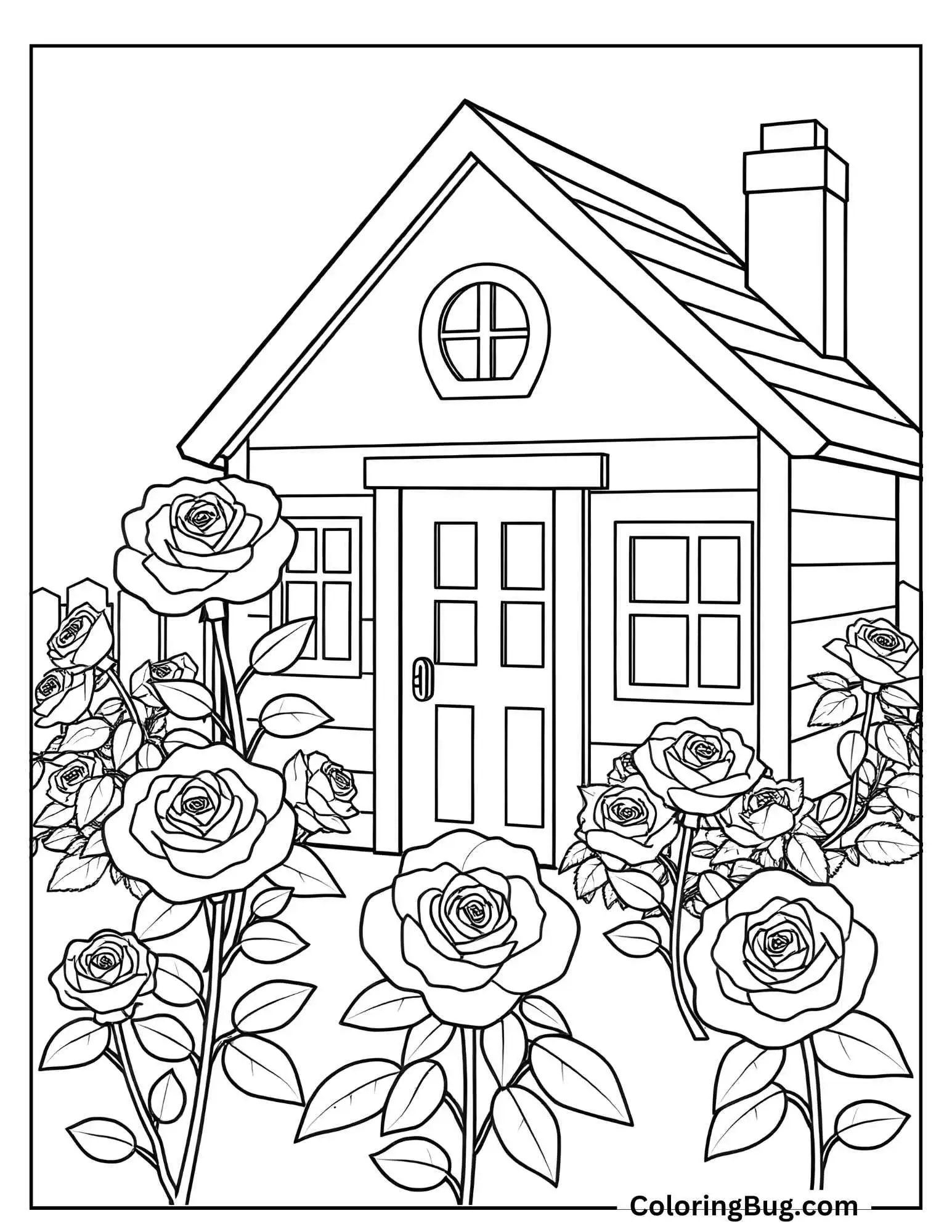 Roses In Front Of Little House Coloring Sheet