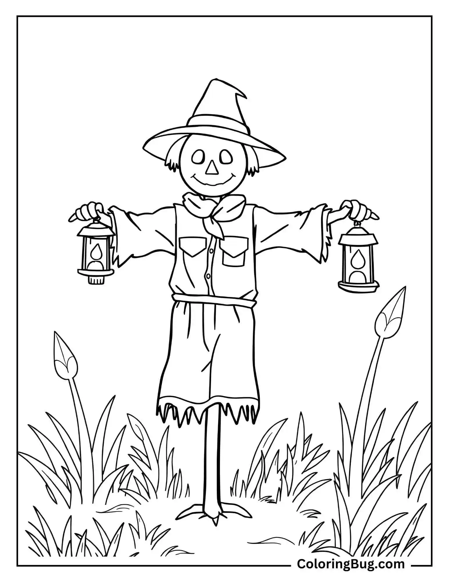 Scarecrow Holding Lantern Coloring Sheet