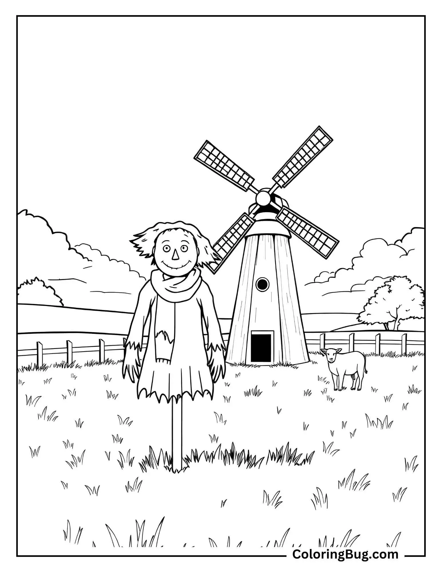 Scarecrow Next To a Windmill Coloring Sheet