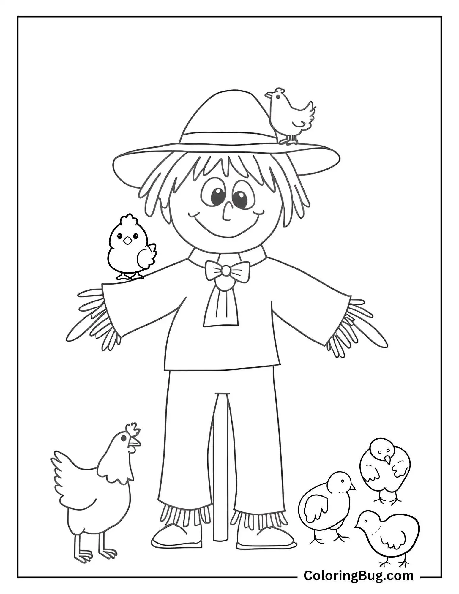 Scarecrow With Chickens coloring Sheet