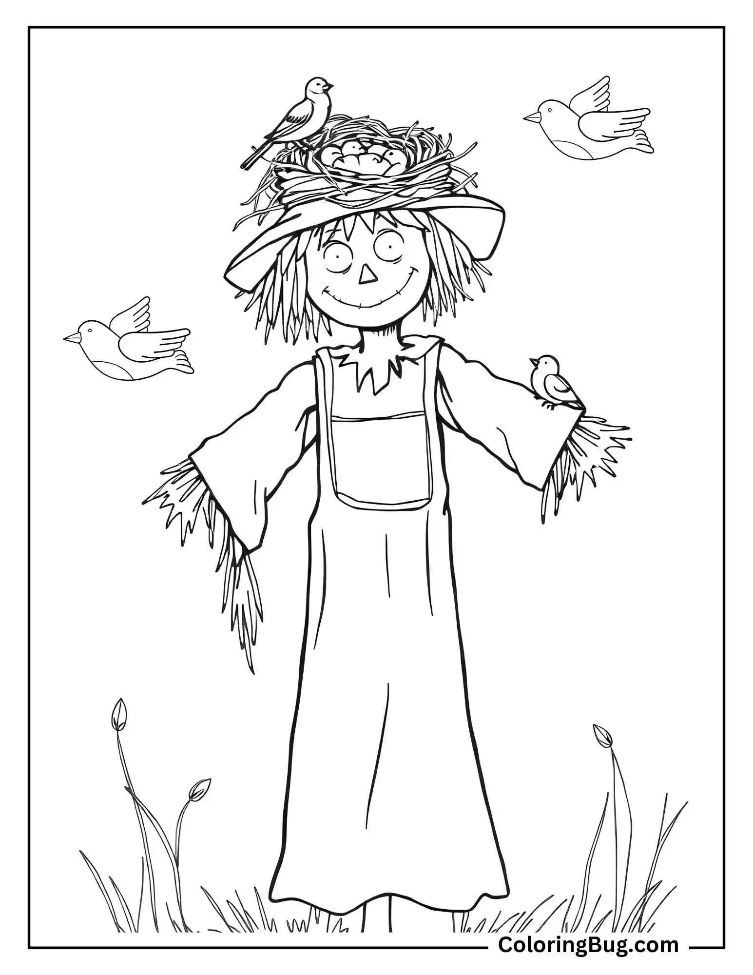 Scarecrow With a Bird Nest on its Head Coloring Sheet