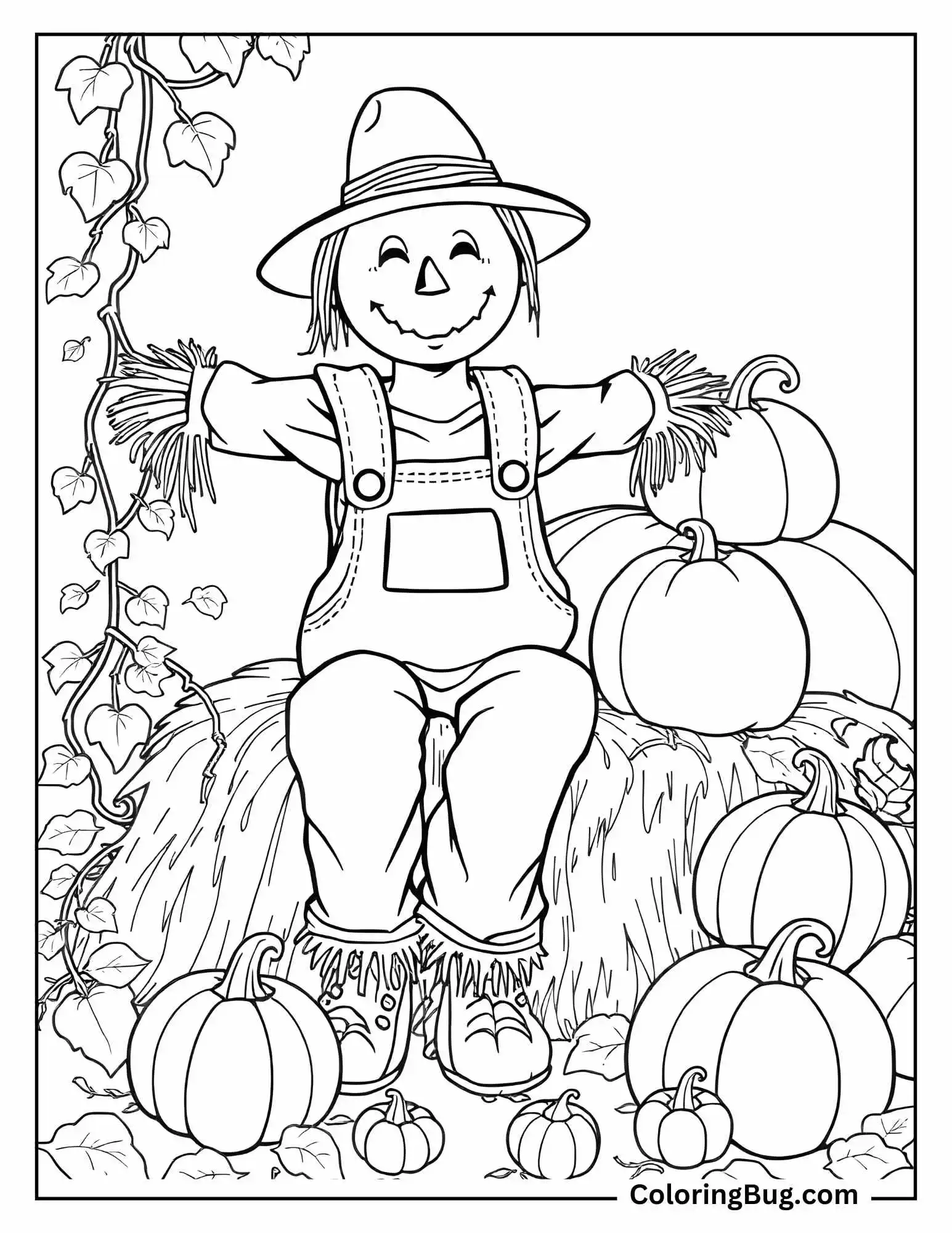 Scarecrow by a Pumpkin Patch Coloring Sheet