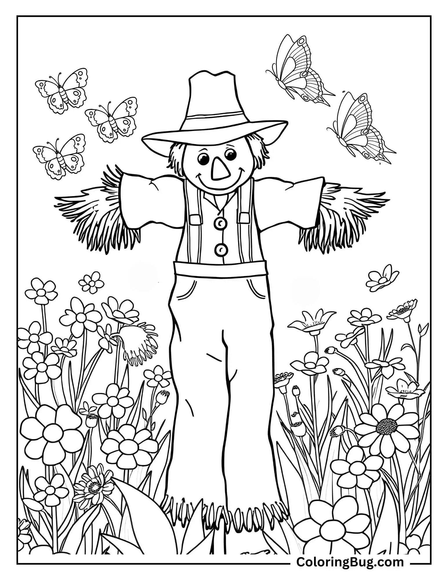 Scarecrow in Garden of Flowers Surrounded By Butterflies coloring Sheet