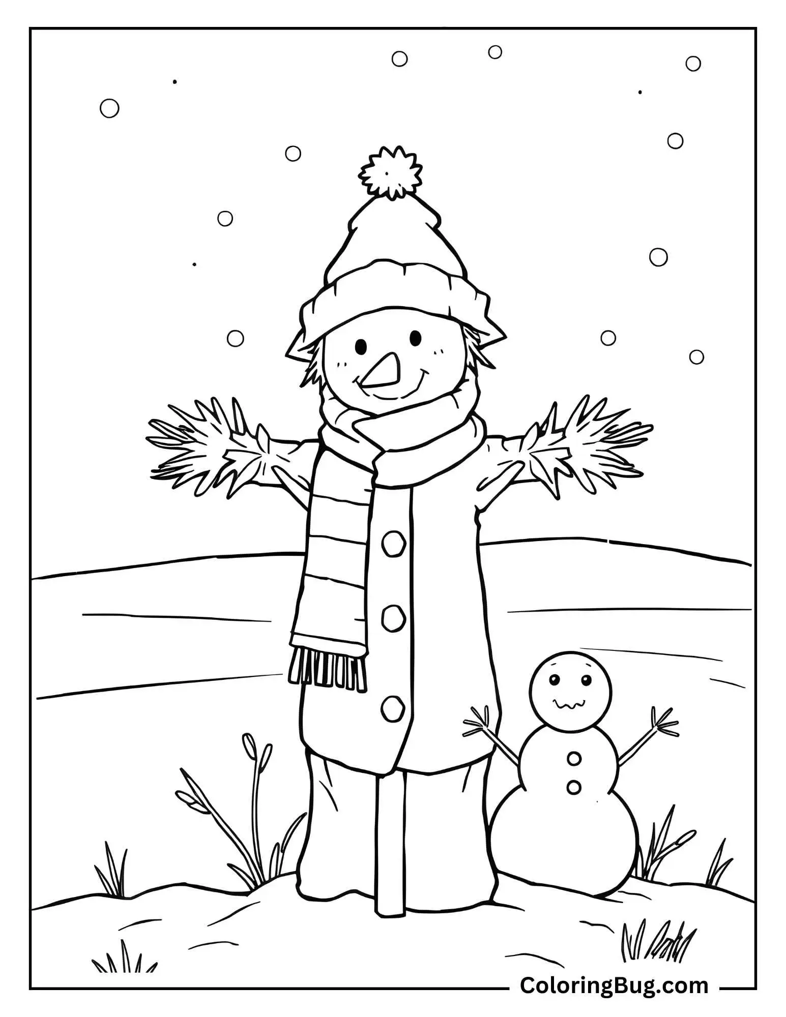 Scarecrow in Snowfall With Snowman Coloring Sheet