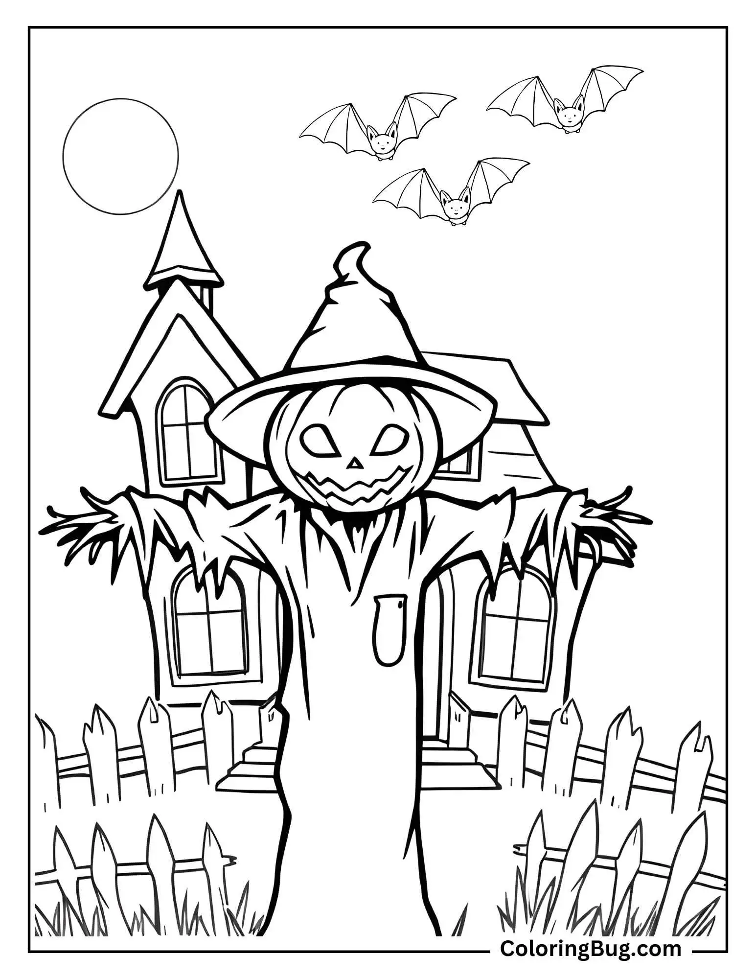 Scarecrow on Halloween Night Coloring Sheet