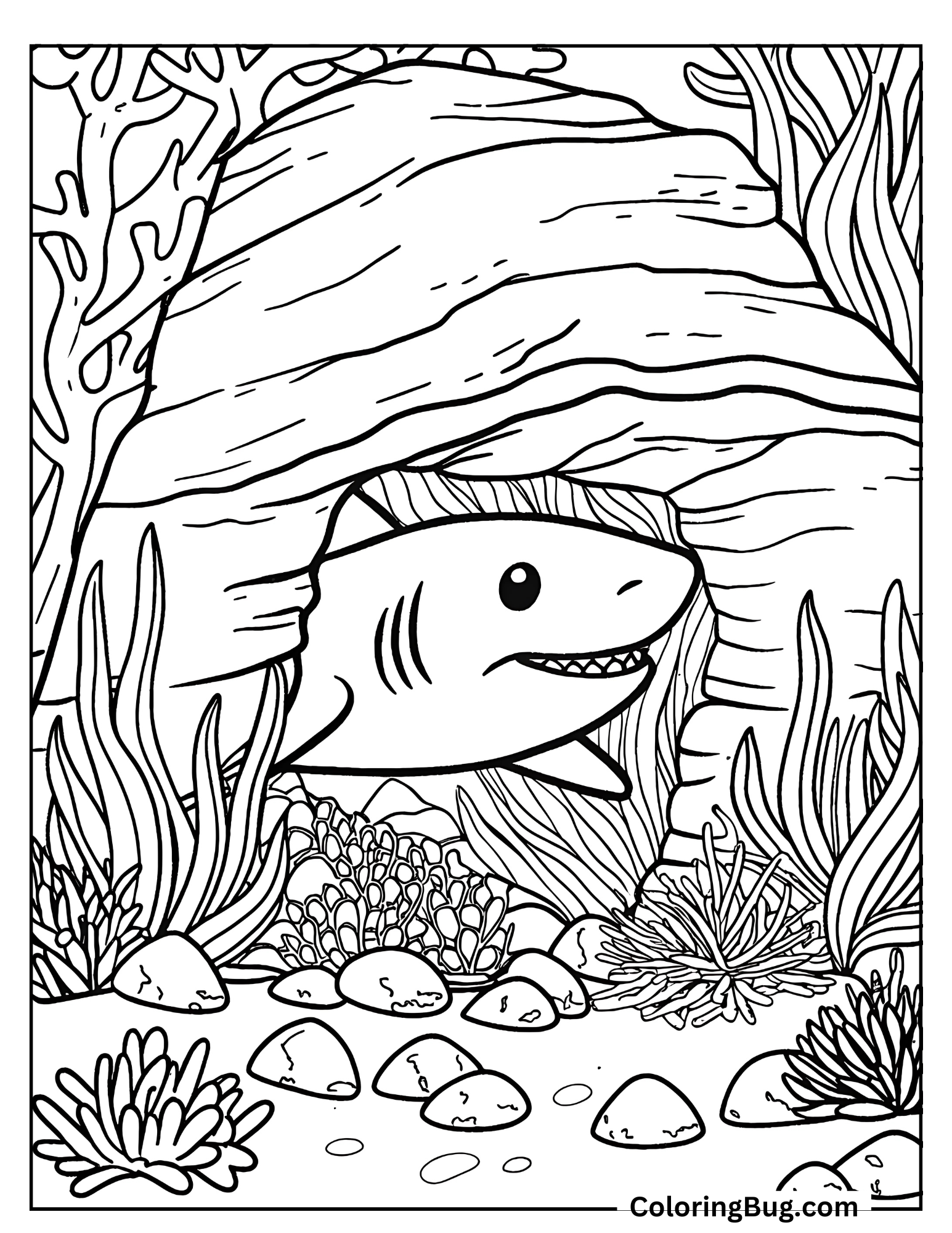 Shark Hiding Under Large Rock Coloring Sheet