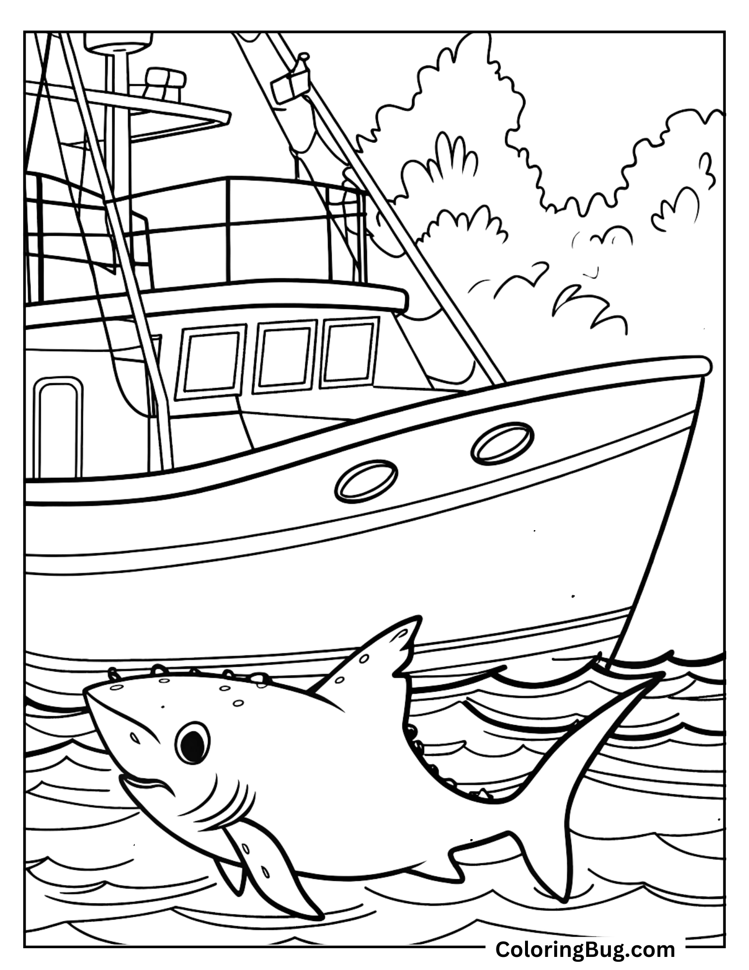 Shark Near Fishing Boat Coloring Sheet