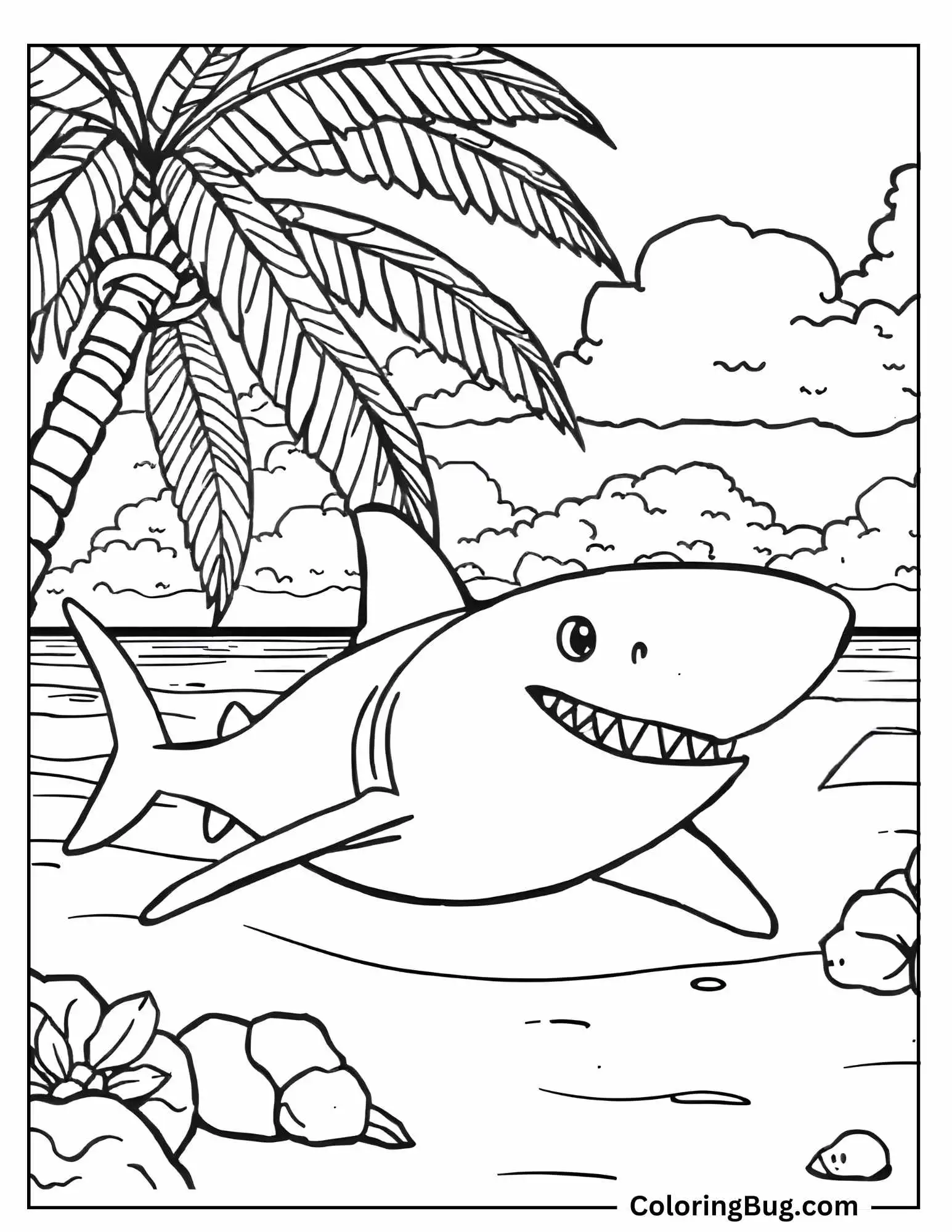 Shark On Tropical Beach Coloring Sheet