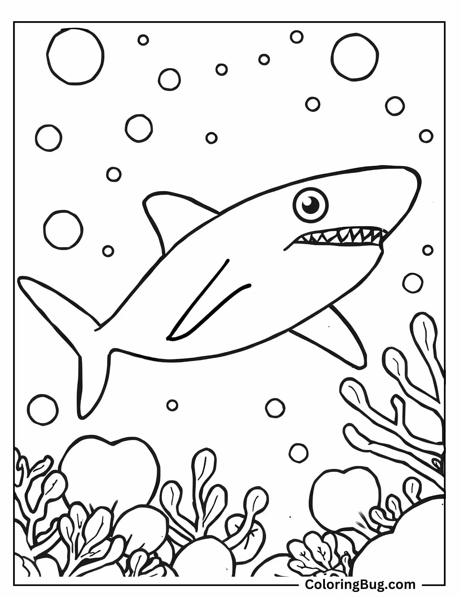 Shark Surrounded By Bubbles In The Ocean Coloring Sheet