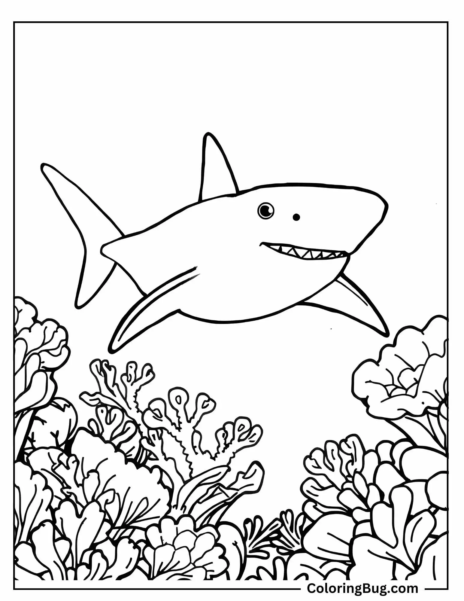 Shark Swimming Near Coral Reefs Coloring Sheet
