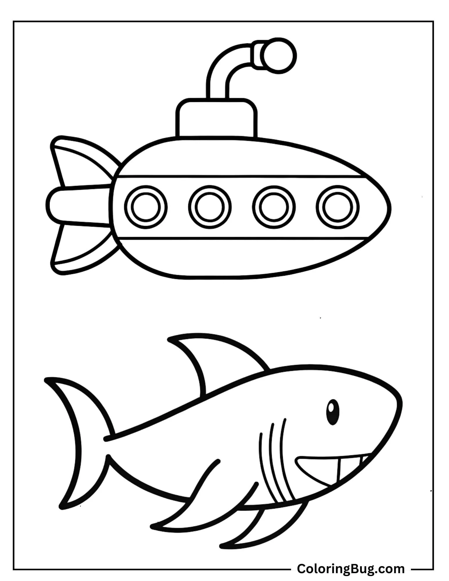 Shark With Submarine Coloring Sheet