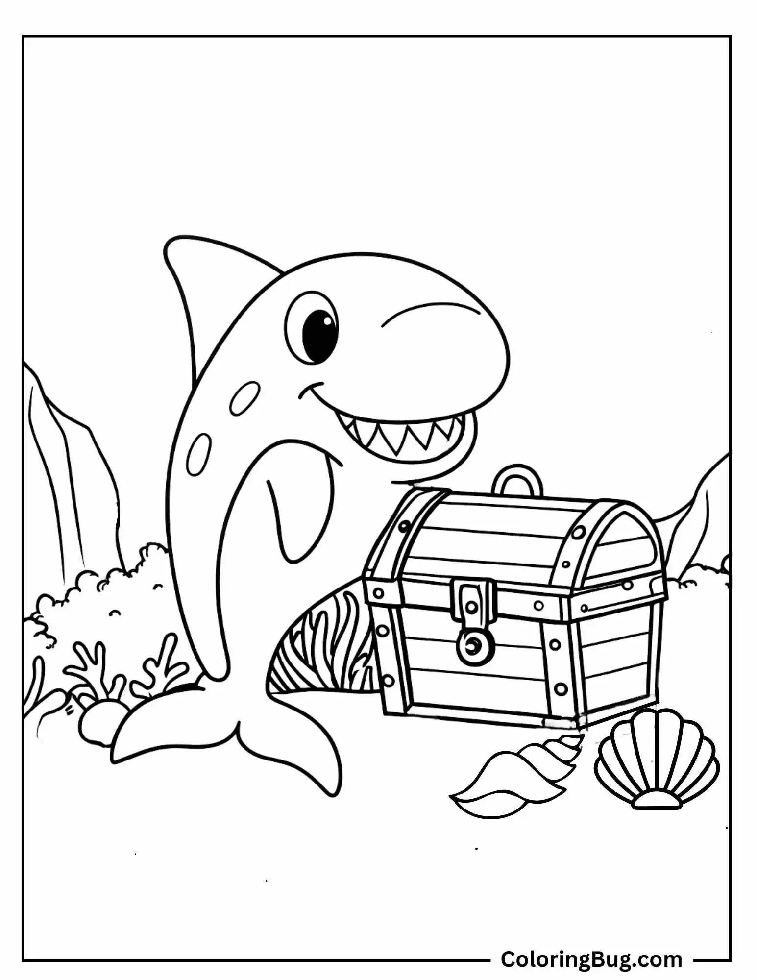 Shark With Treasure Box Coloring Sheet