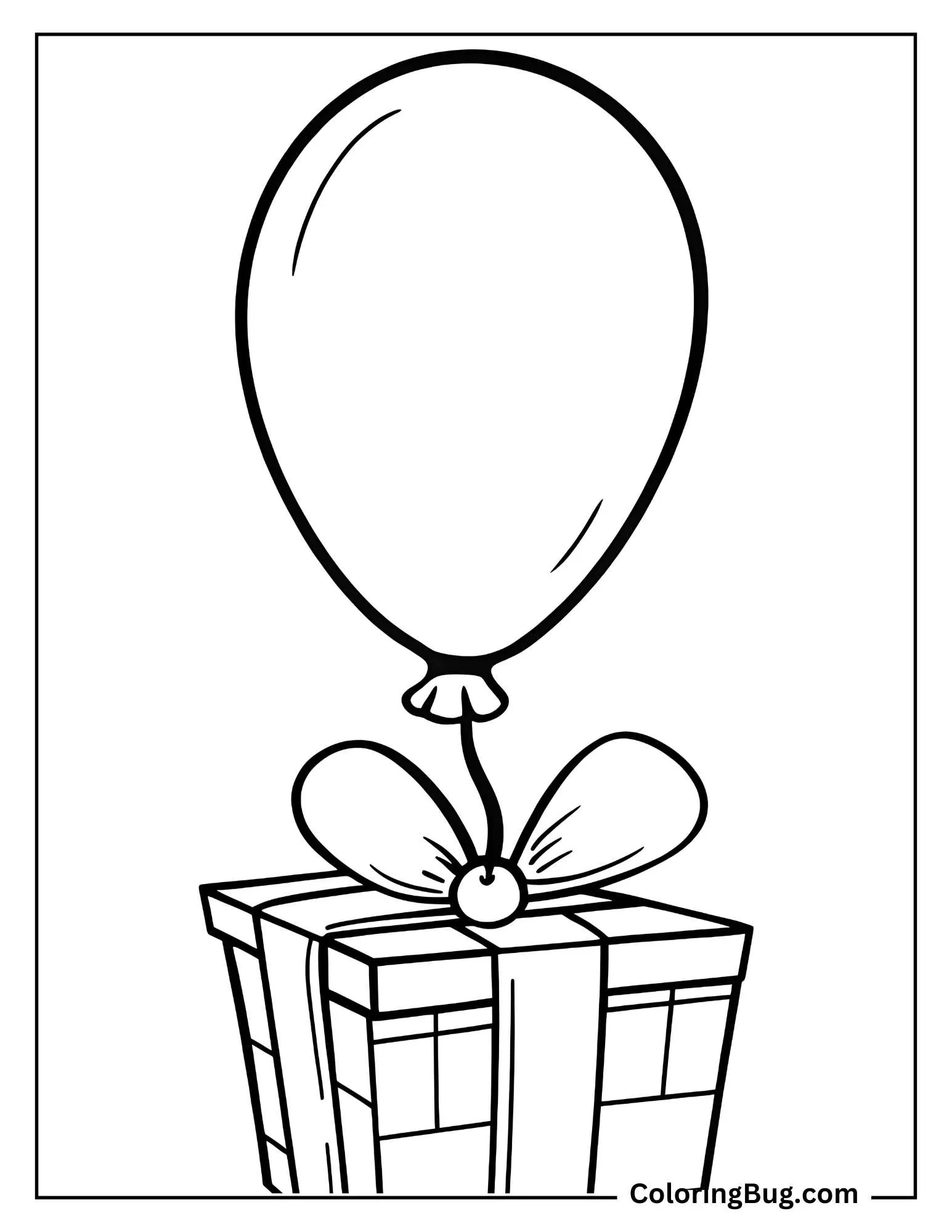 Single Balloon Tied To Gift Box Coloring Sheet