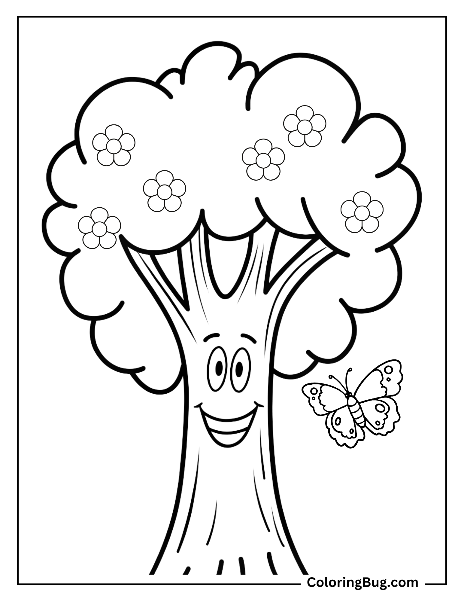 Smiling Tree With Butterfly coloring Sheet