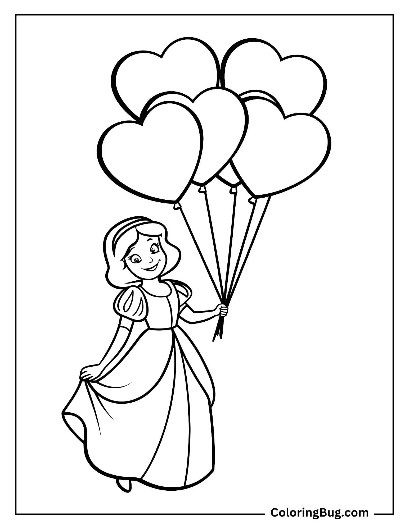 Snow White Holding Heart Shaped Balloons Coloring sheet