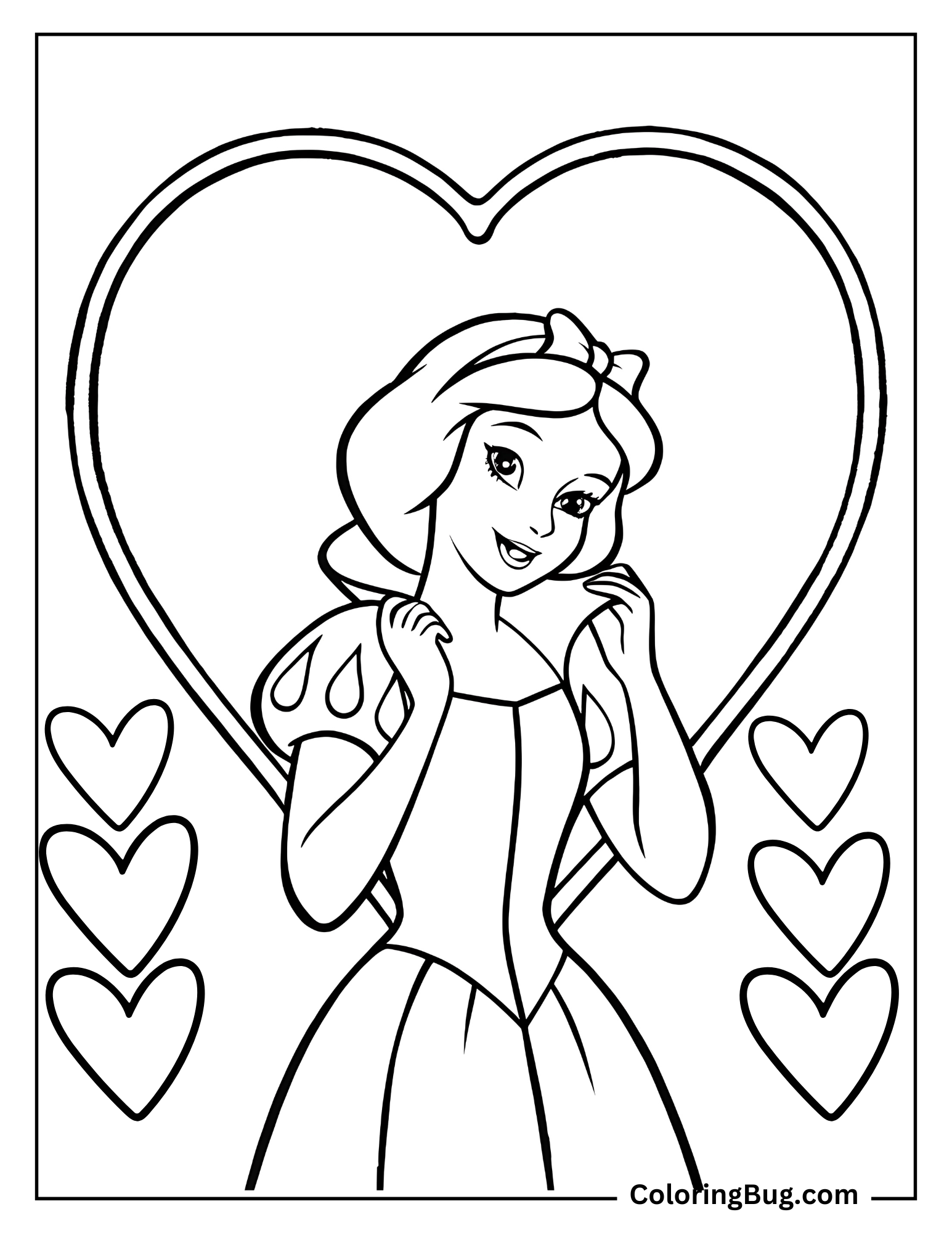 Snow White With Hearts Coloring Sheet