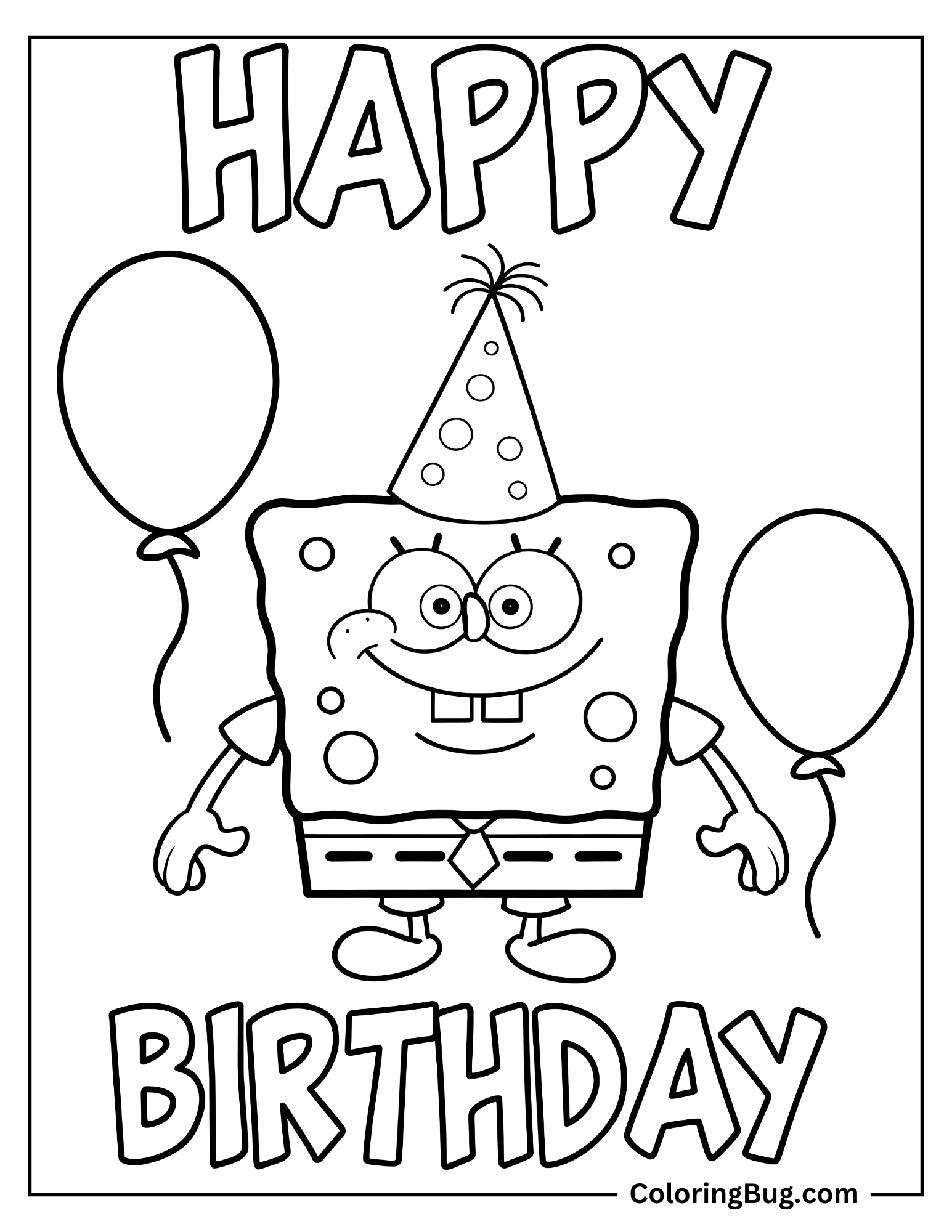 SpongeBob With Happy Birthday Text Coloring Sheet