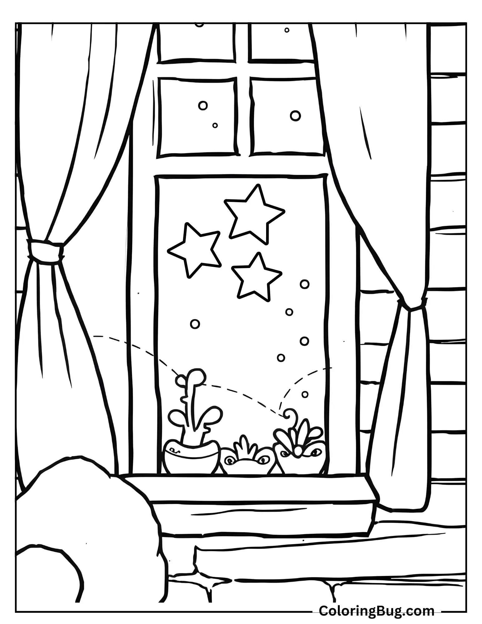 Stars Shining Through The Window Of Cozy House Coloring Sheet