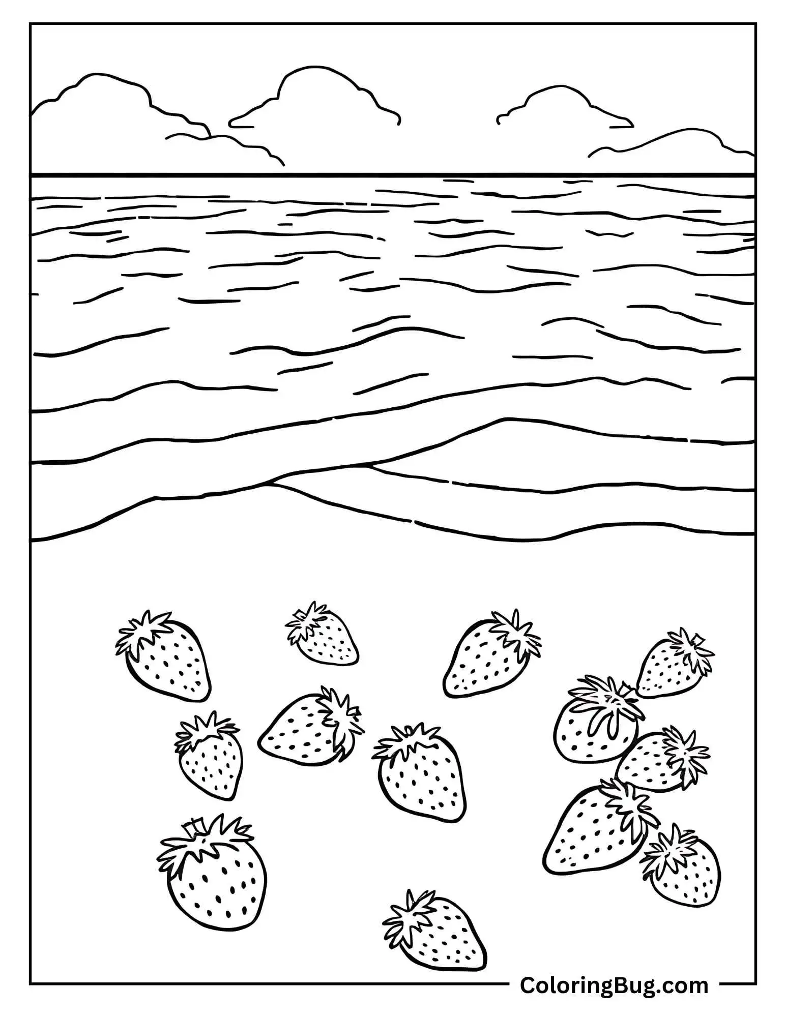Strawberries Scattered on Sandy Beach coloring Sheet
