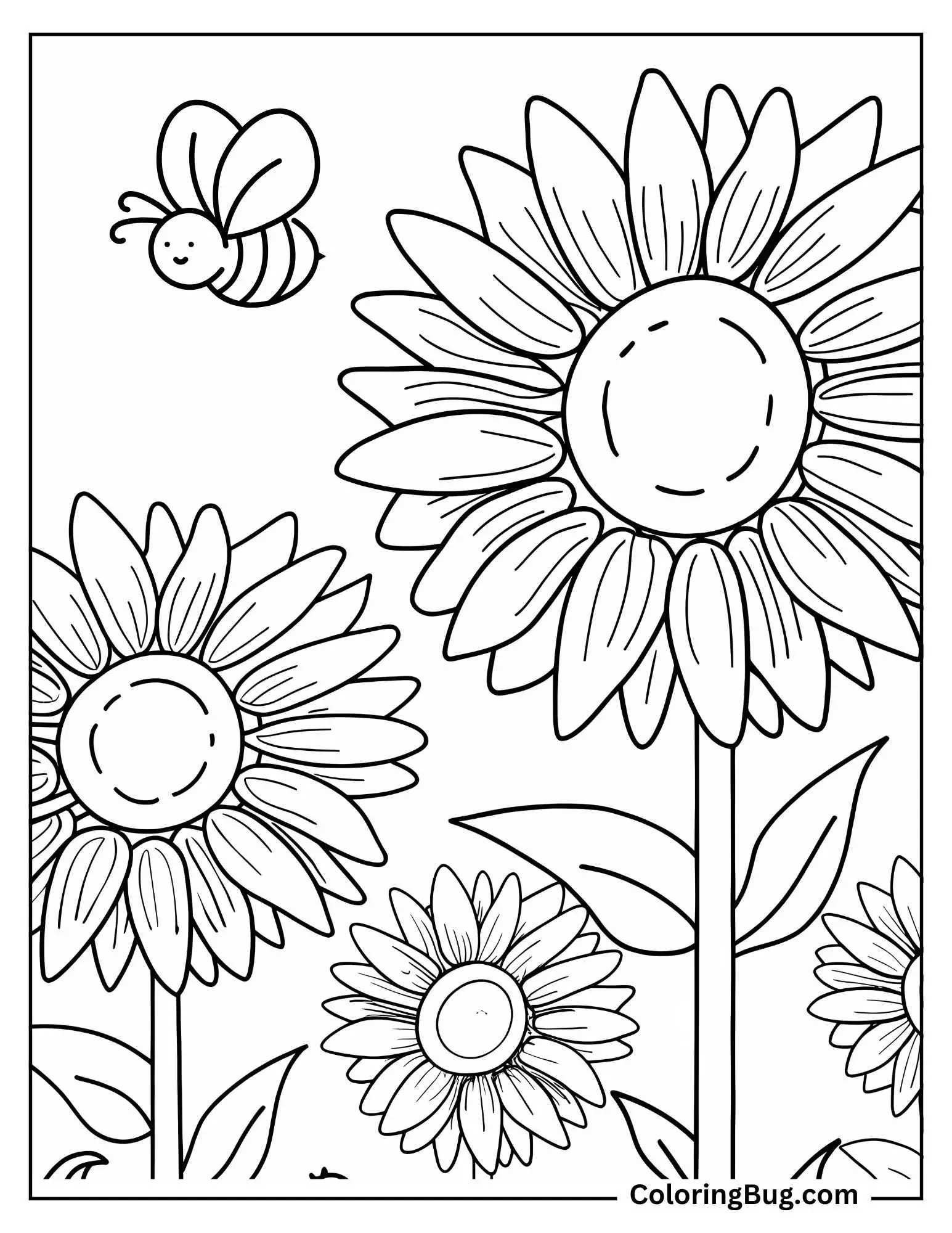 Sunflower With Bee Buzzing Around It Coloring Sheet