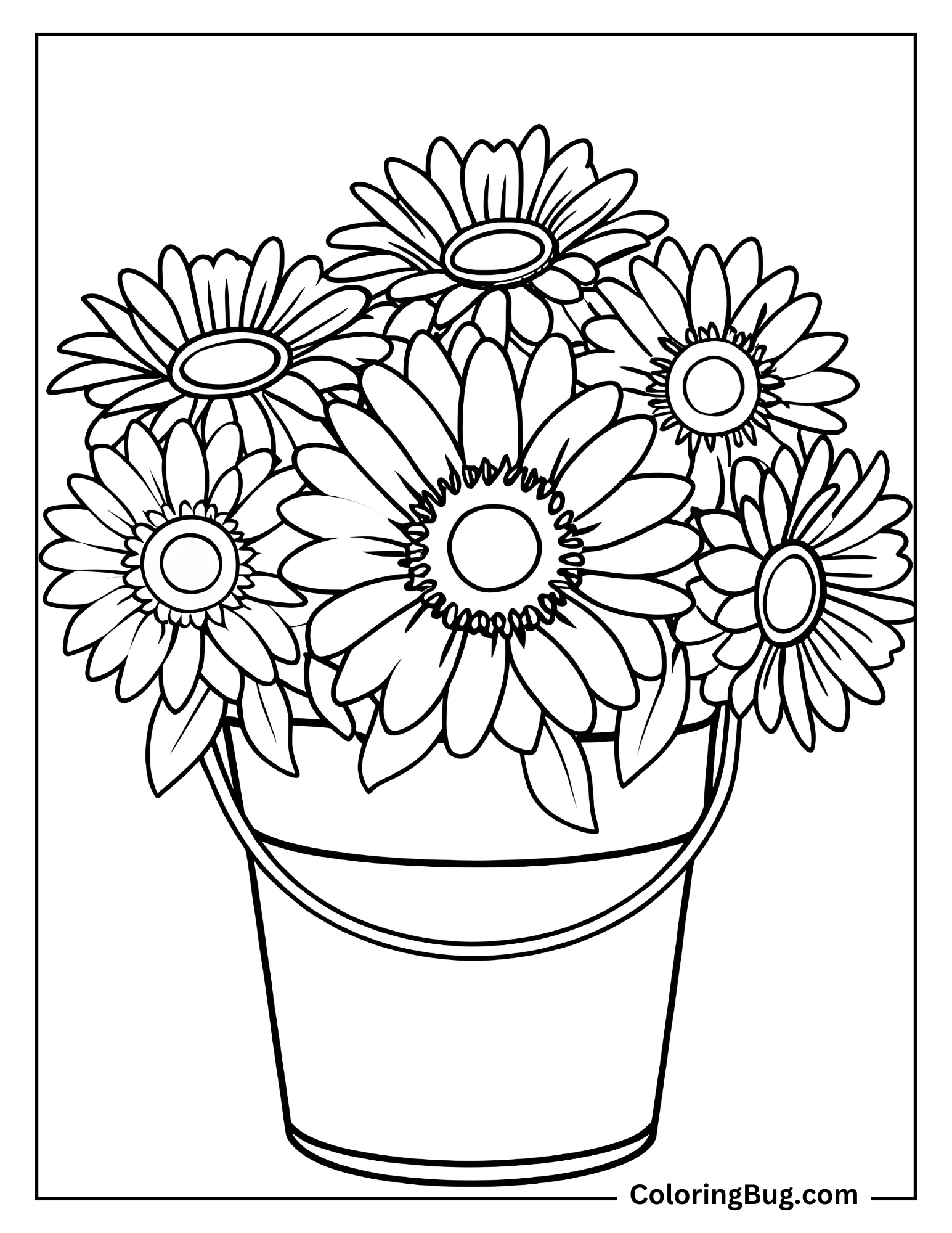 Sunflowers in Bucket Coloring Sheet